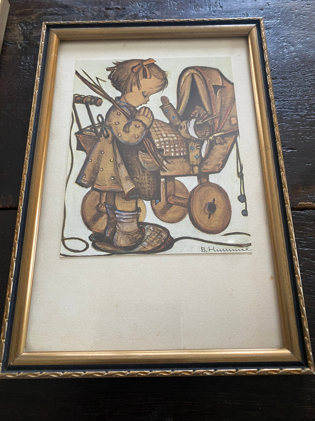 Vintage 1950s Hummel Pencil Drawing Prints in Hanging Frames - Set of 2