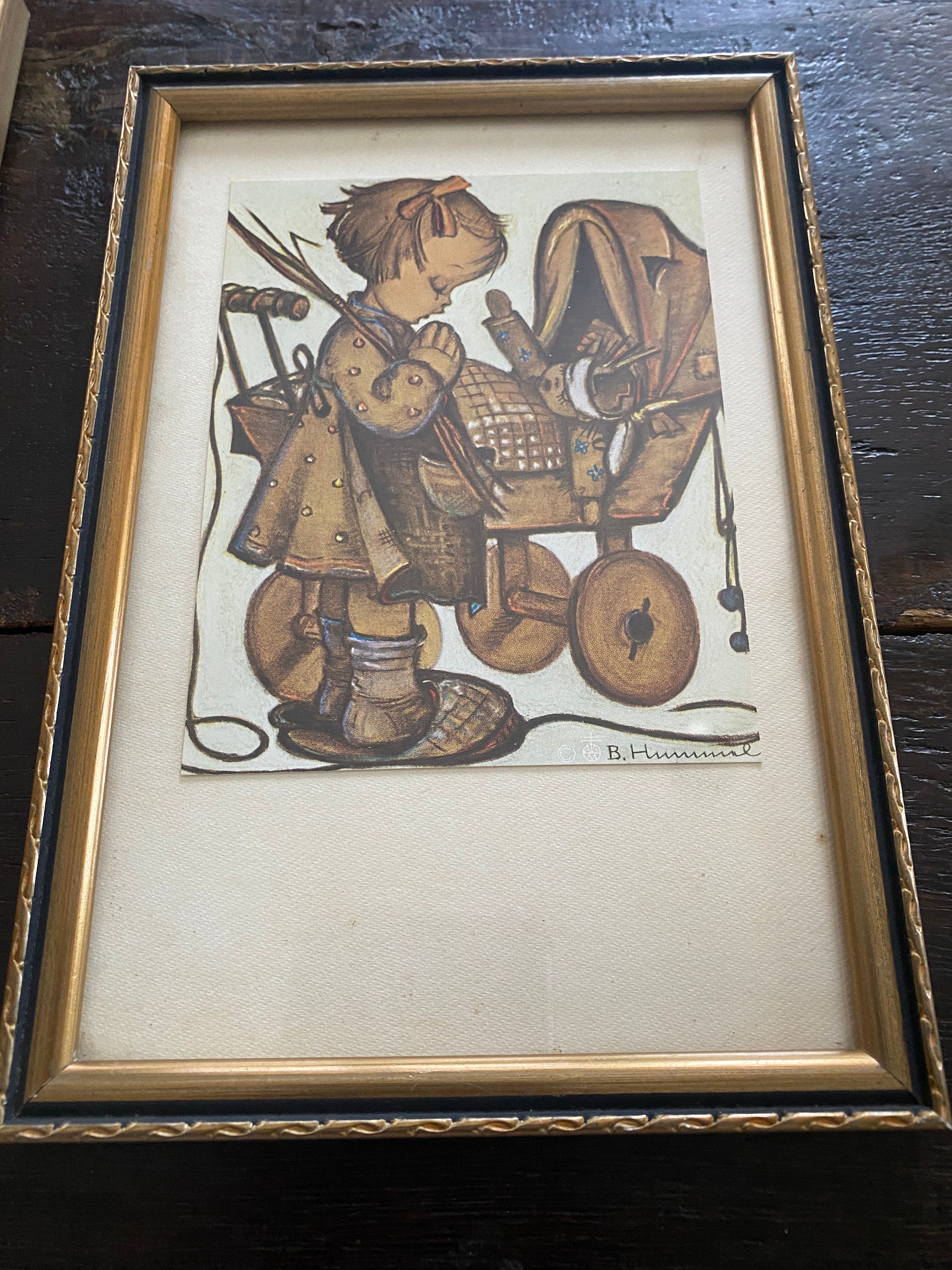 Vintage 1950s Hummel Pencil Drawing Prints in Hanging Frames - Set of 2