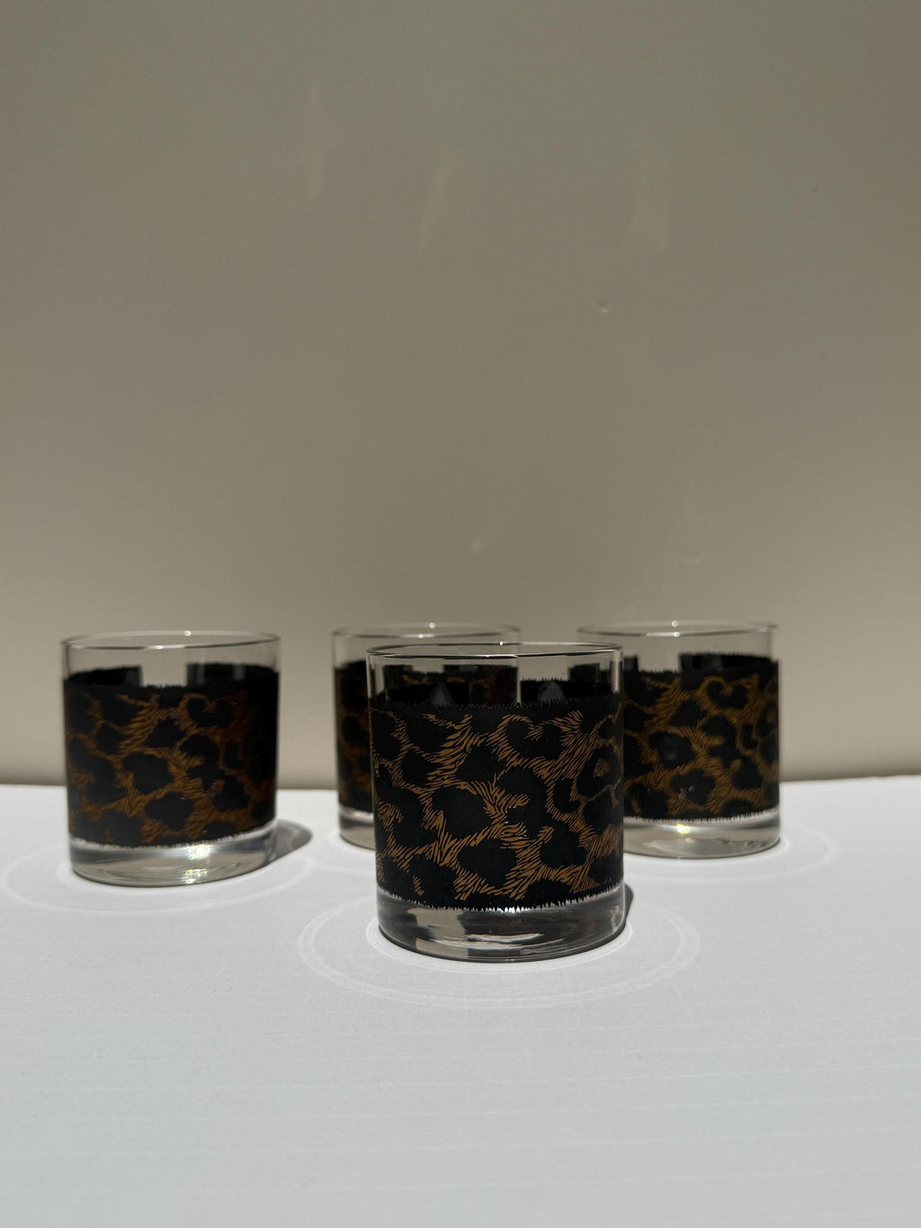 Set of 4 Vintage Leopard Print Lowball Glasses – Matte Black & Gold – Old Fashioned Whiskey Glasses