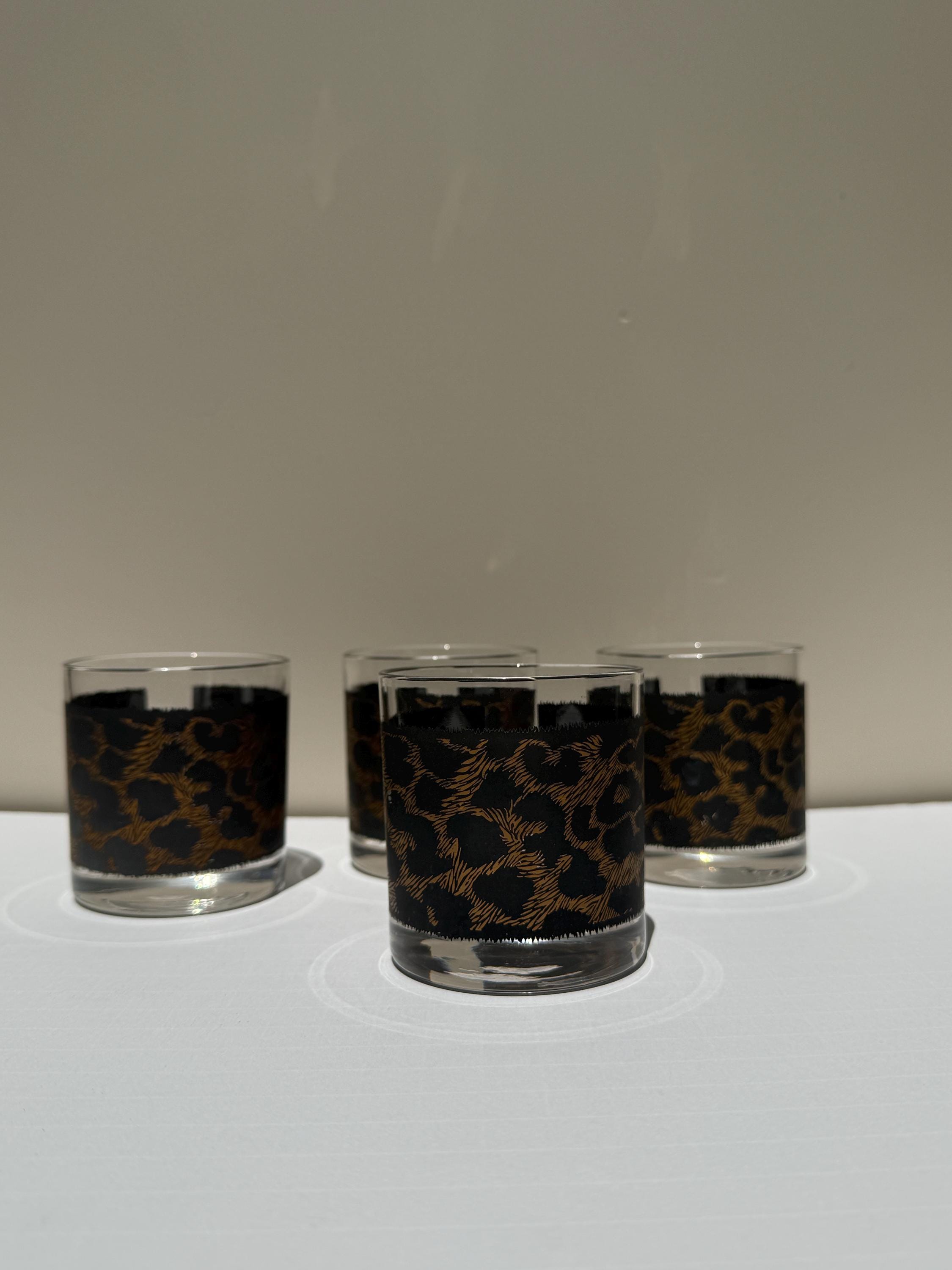 Set of 4 Vintage Leopard Print Lowball Glasses – Matte Black & Gold – Old Fashioned Whiskey Glasses