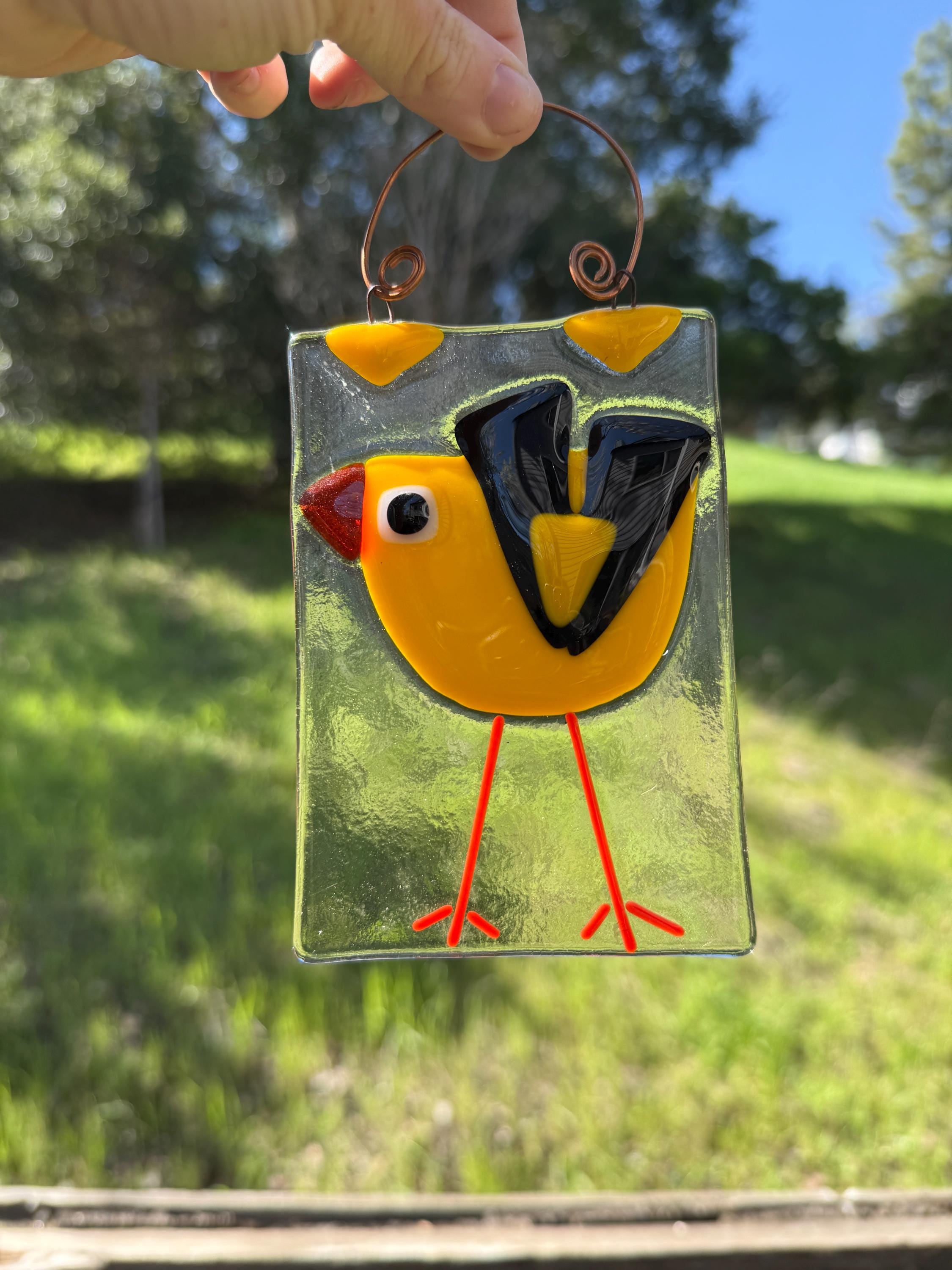 Pair of Handblown Glass Bird Suncatchers – One Pocketed for Water & Fresh Flowers – Twisted Copper Wire Hanger