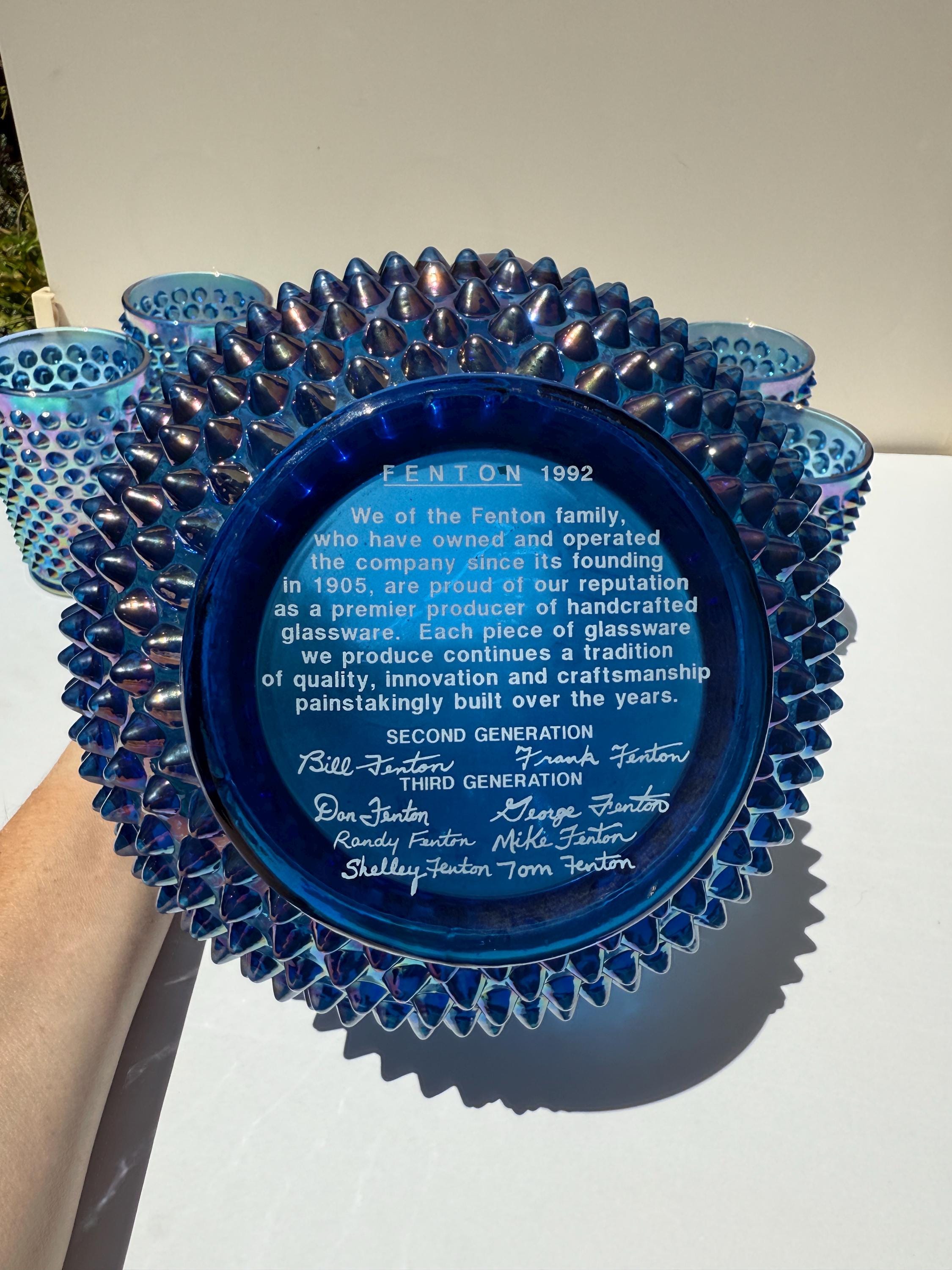 Vintage Fenton Blue Carnival Glass Hobnail Pitcher & Tumbler Set – 5 Piece – Iridescent 1992