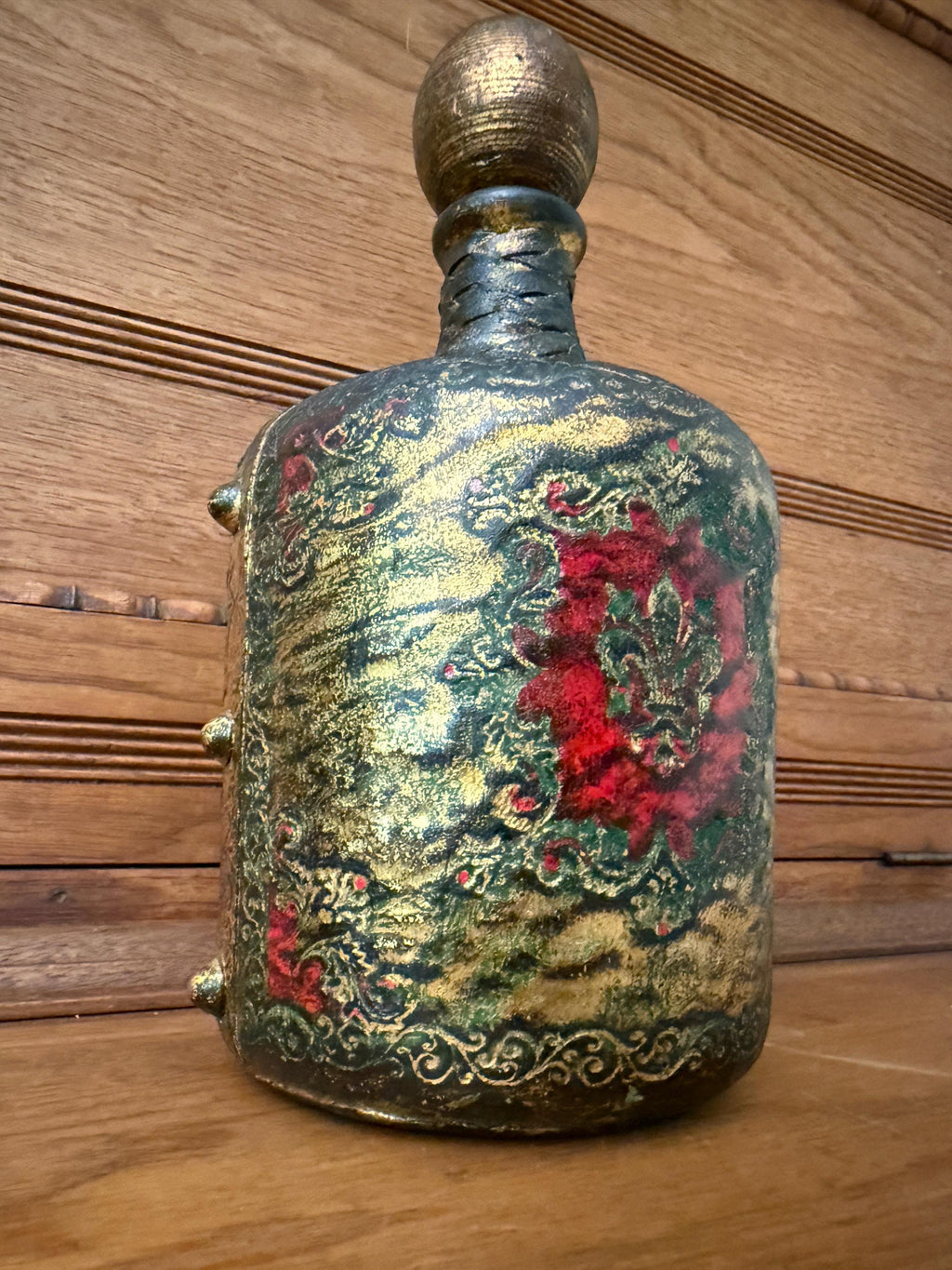 Vintage Leather Wrapped Green Glass Bottle Decanter – Embossed Fleur-de-Lis Design – 11” Tall