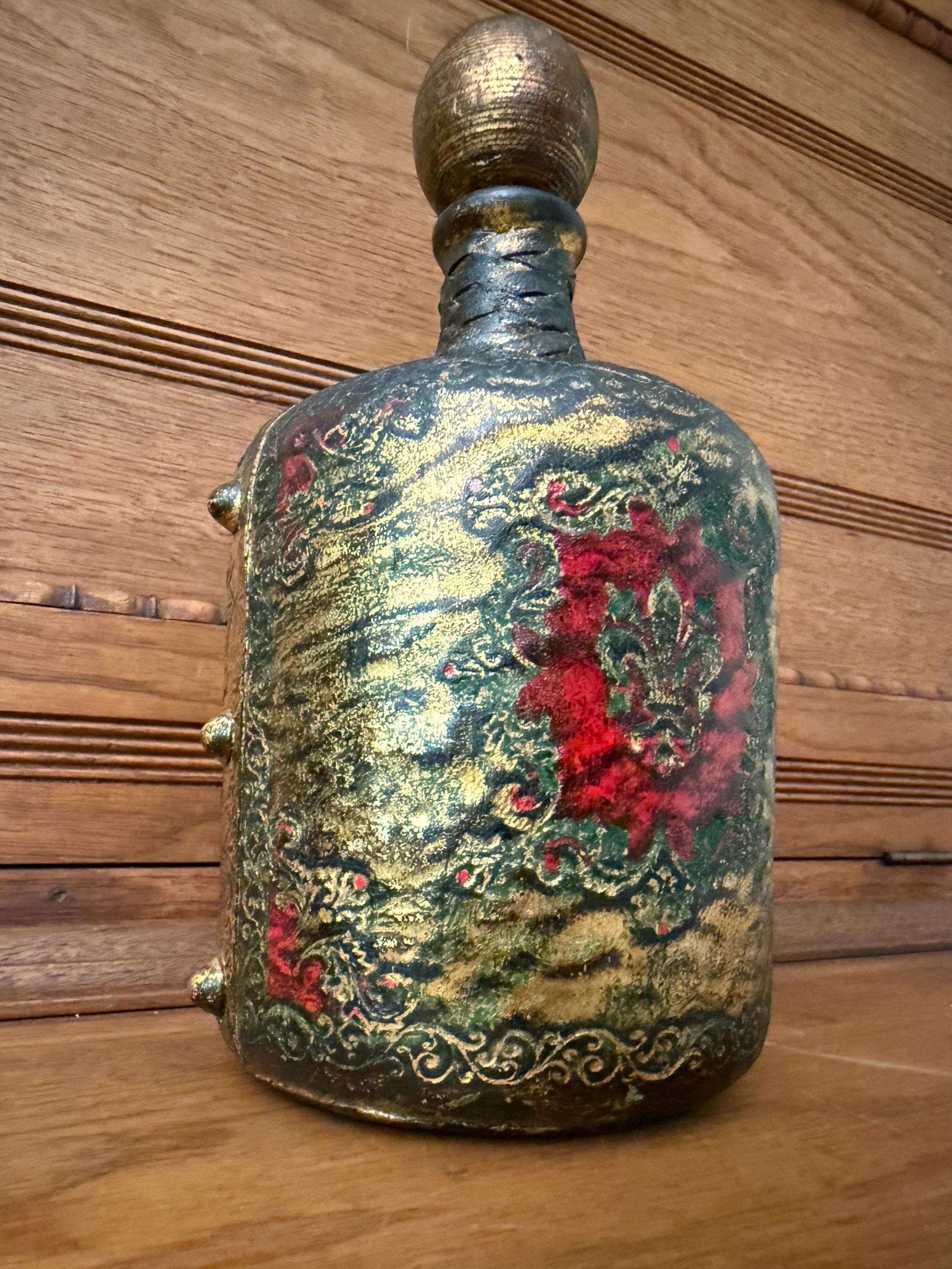 Vintage Leather Wrapped Green Glass Bottle Decanter – Embossed Fleur-de-Lis Design – 11” Tall