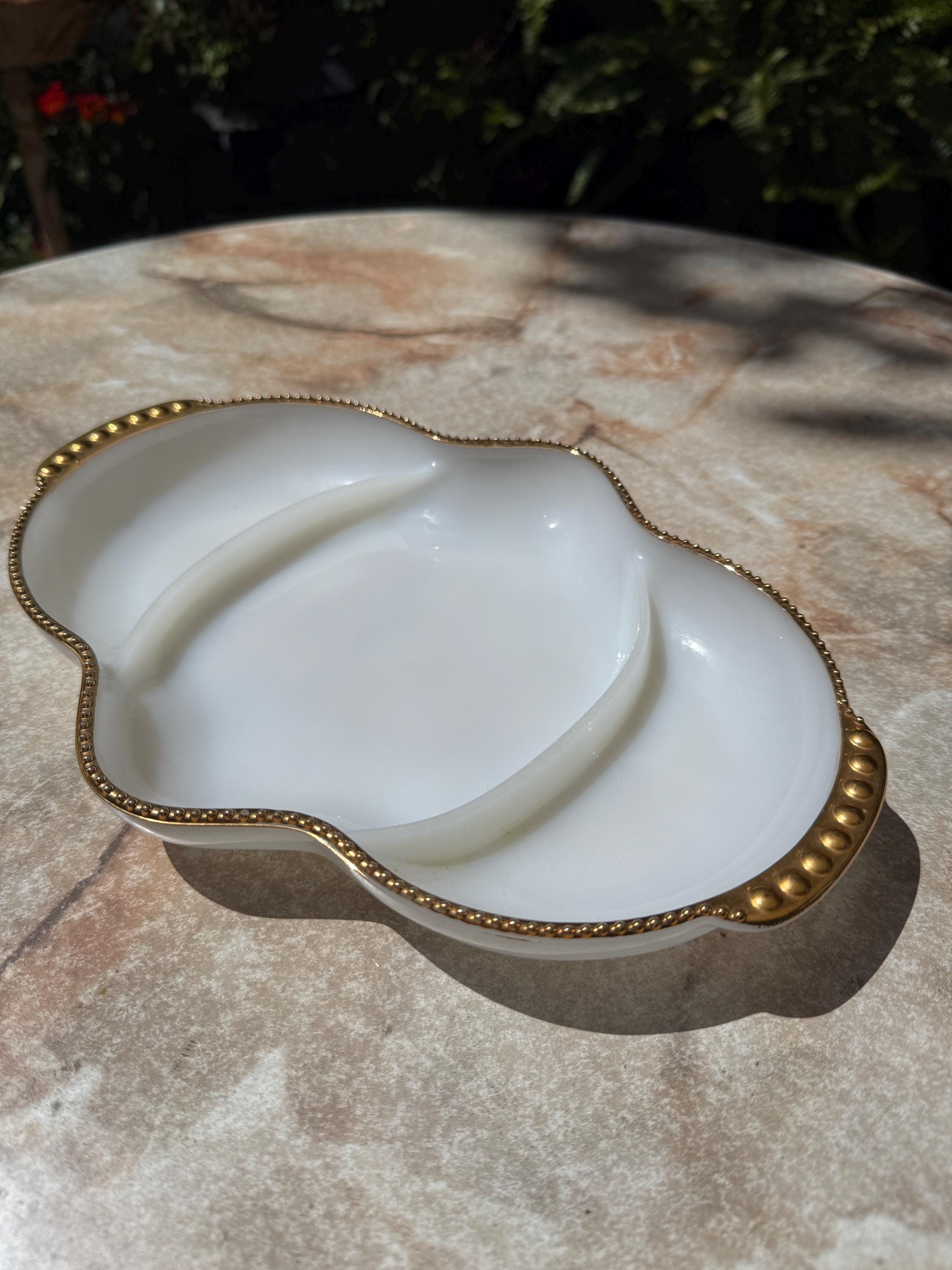 Fire King Milk Glass Divided Dish – Gold Rim, 11” Vintage Anchor Hocking Serving Tray