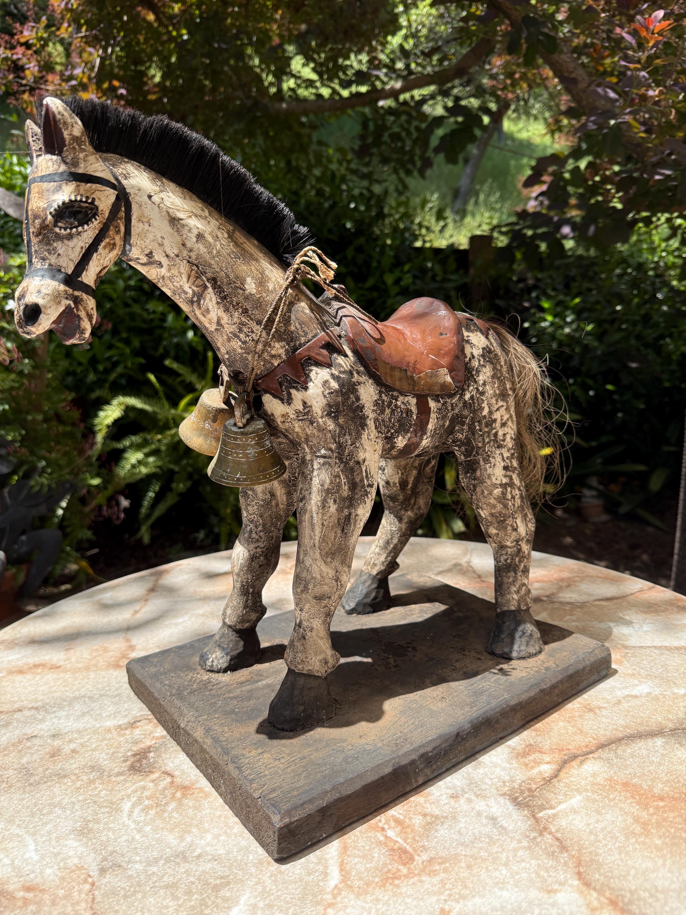 Handmade Carved Wooden Horse/Donkey Statue with Bells – Folk Art from Guatemala – Rustic Decor