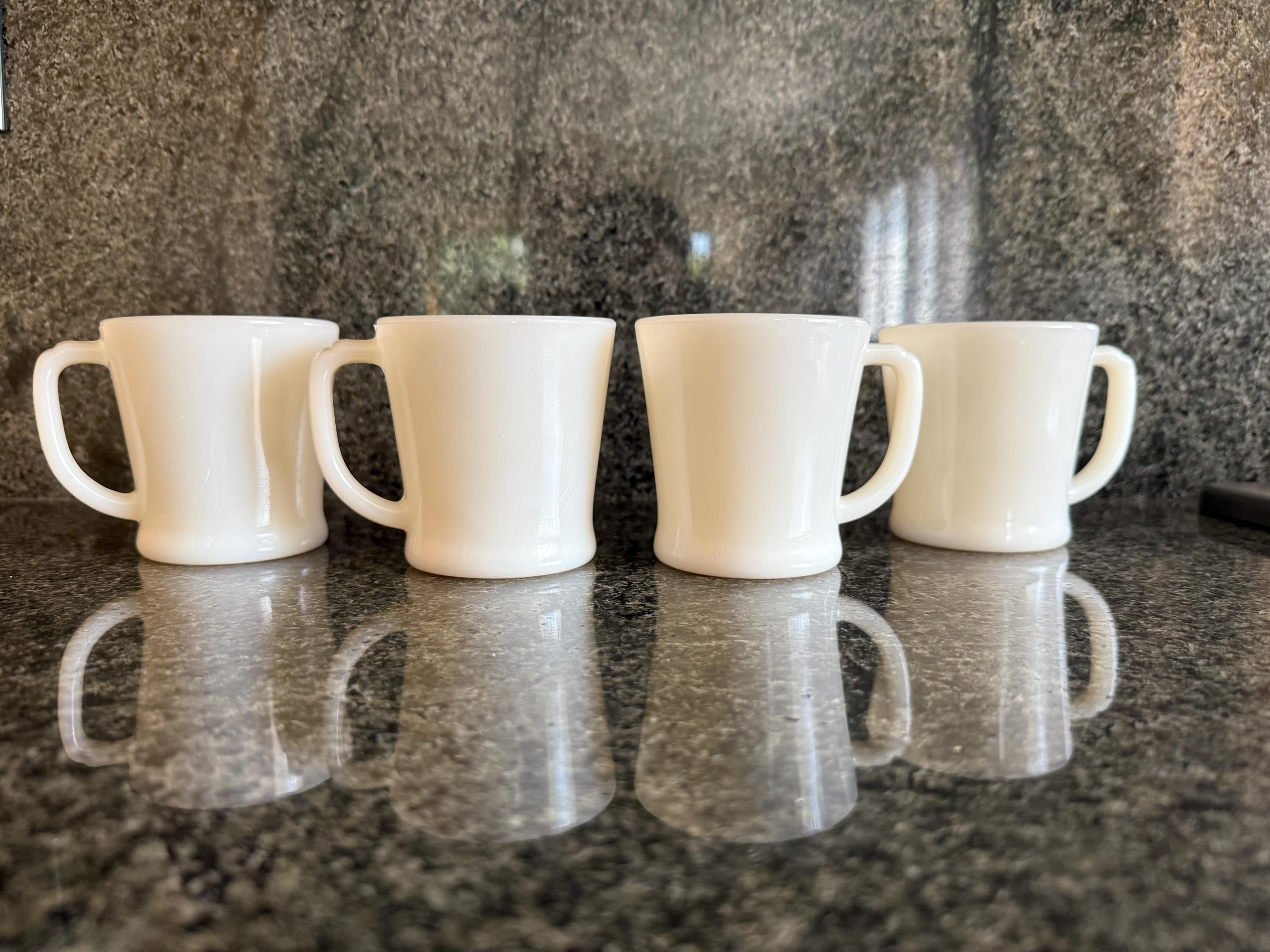 Vintage Fire King Ivory D-Handle Mug Set of 4 – Anchor Hocking Milk Glass Coffee Cups – 3.5” Tall – Mid Century Kitchen Decor