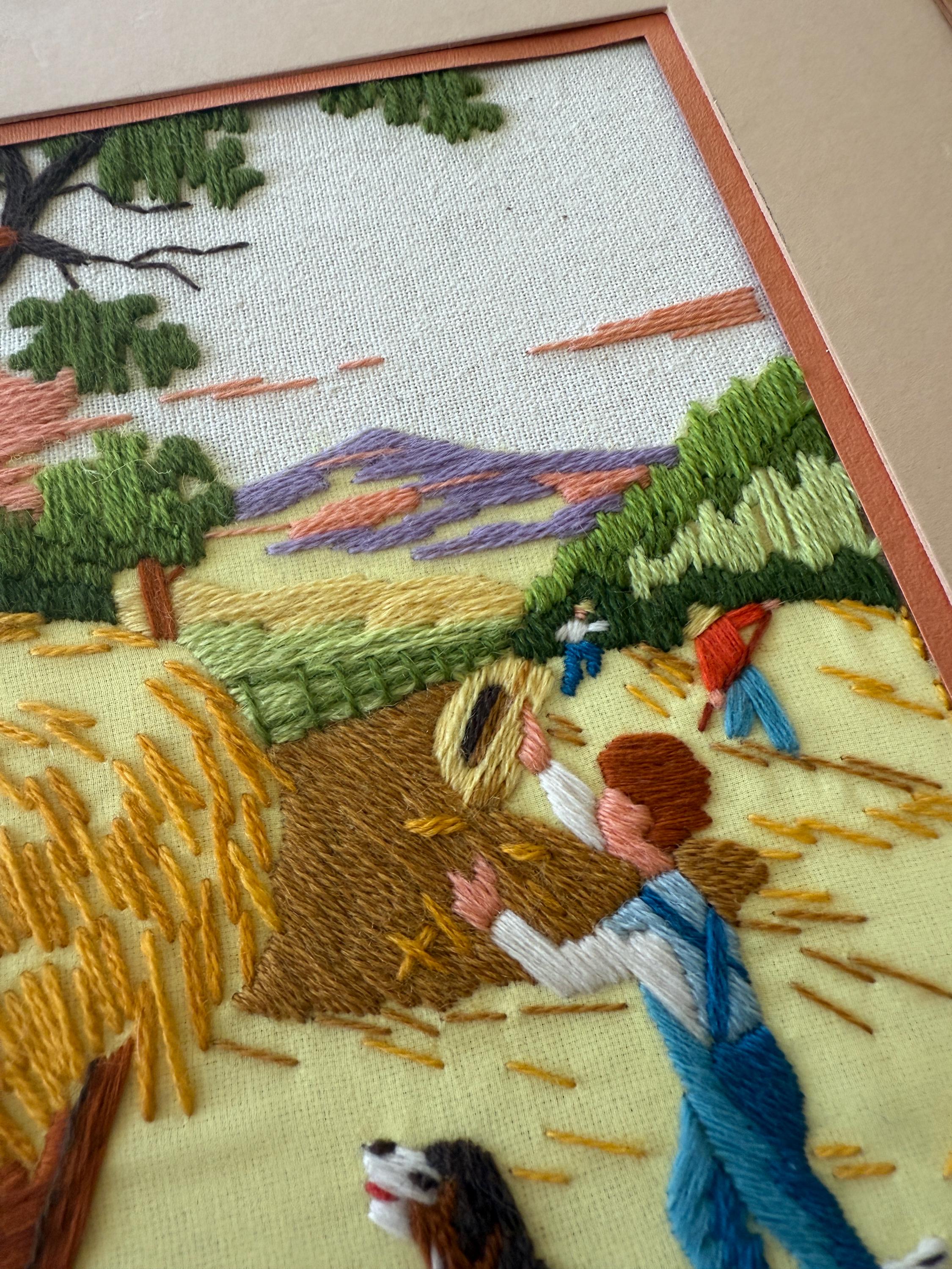 Vintage Framed Crewel Embroidery Art – Handmade Needlework – Harvest