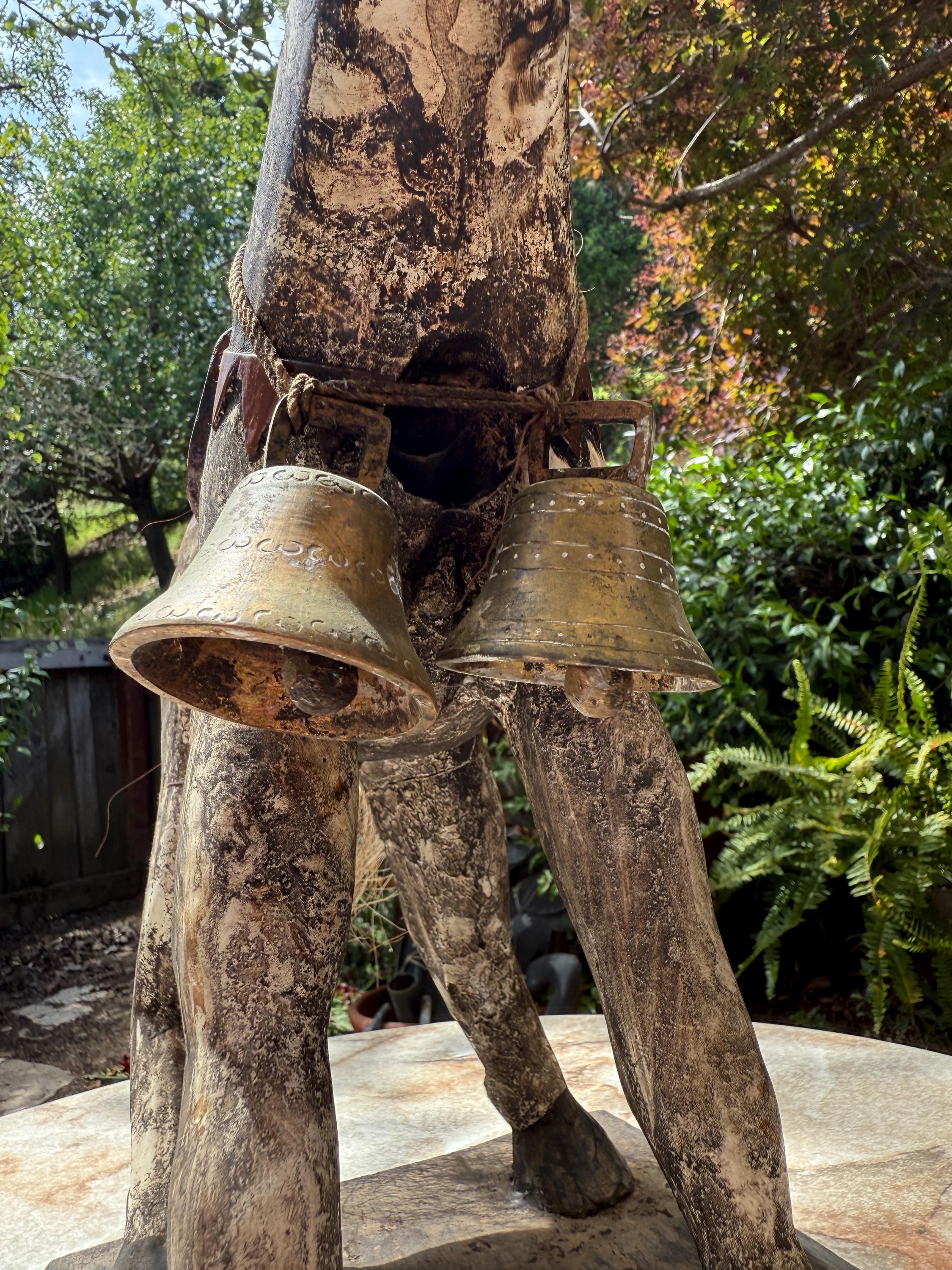 Handmade Carved Wooden Horse/Donkey Statue with Bells – Folk Art from Guatemala – Rustic Decor