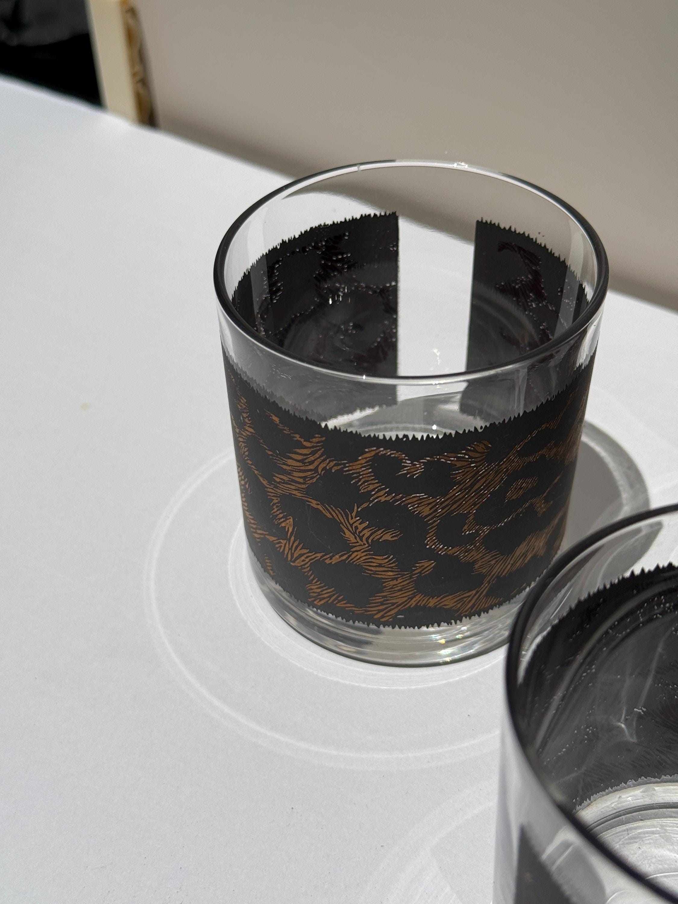 Set of 4 Vintage Leopard Print Lowball Glasses – Matte Black & Gold – Old Fashioned Whiskey Glasses