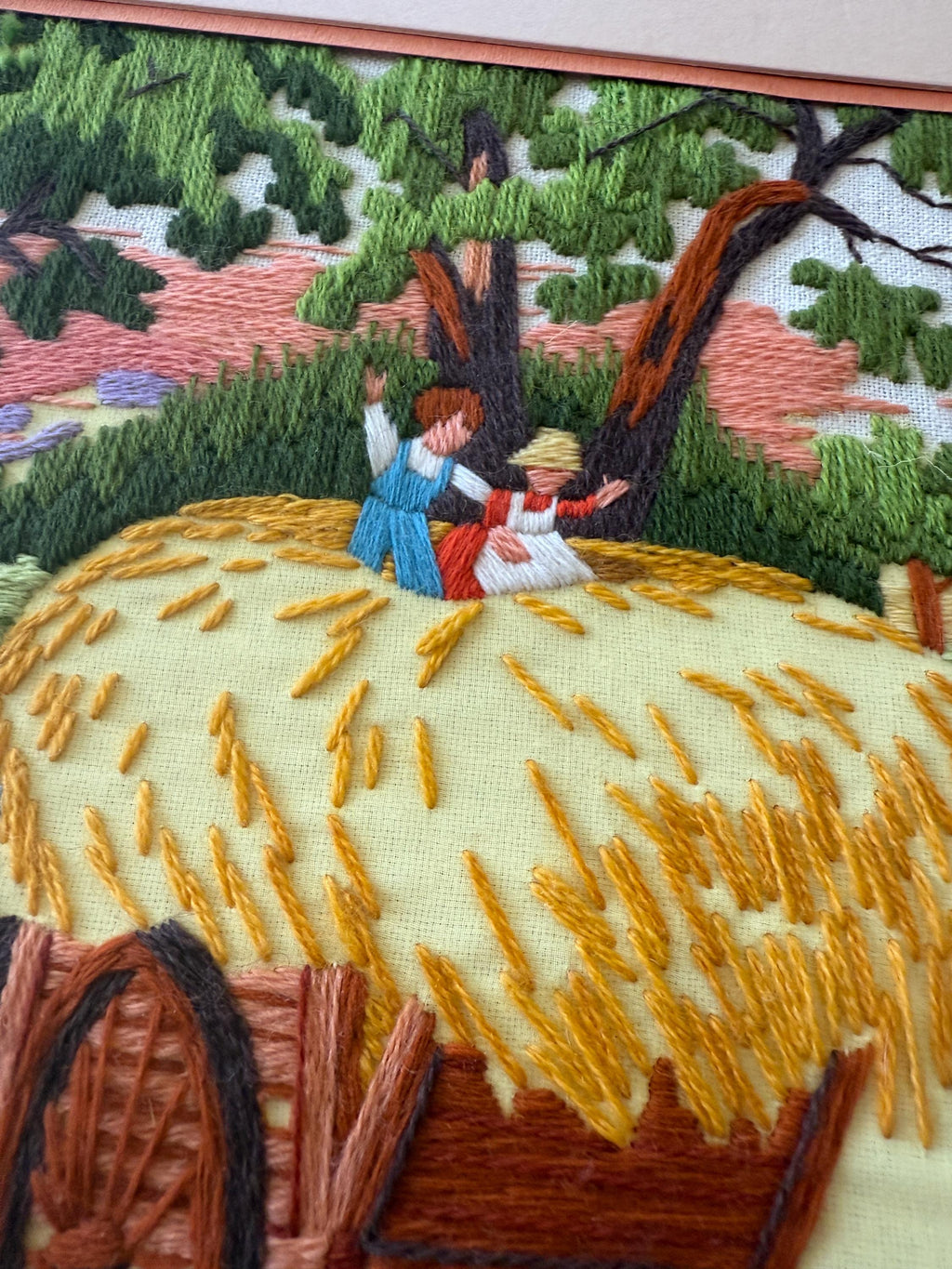 Vintage Framed Crewel Embroidery Art – Handmade Needlework – Harvest