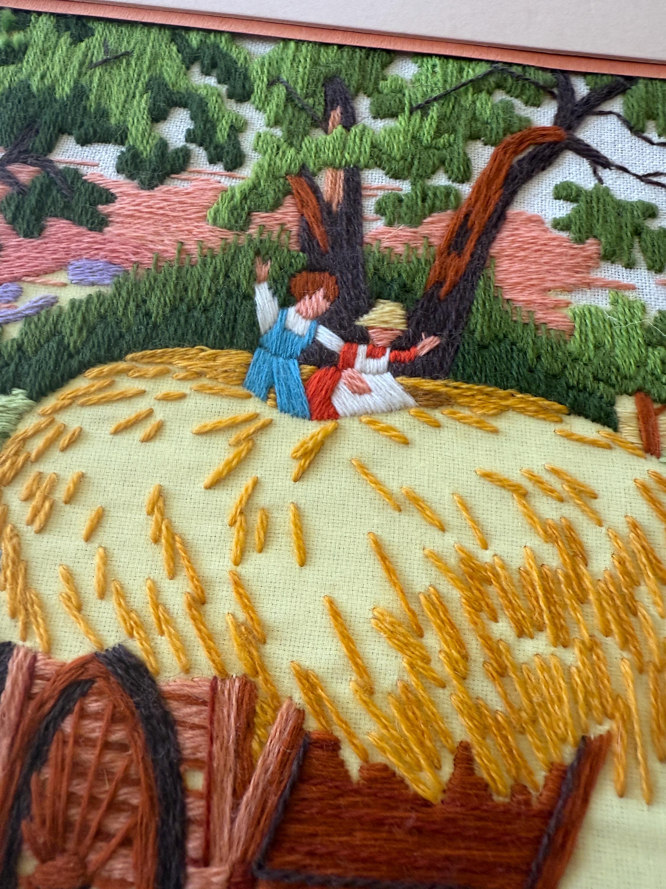 Vintage Framed Crewel Embroidery Art – Handmade Needlework – Harvest
