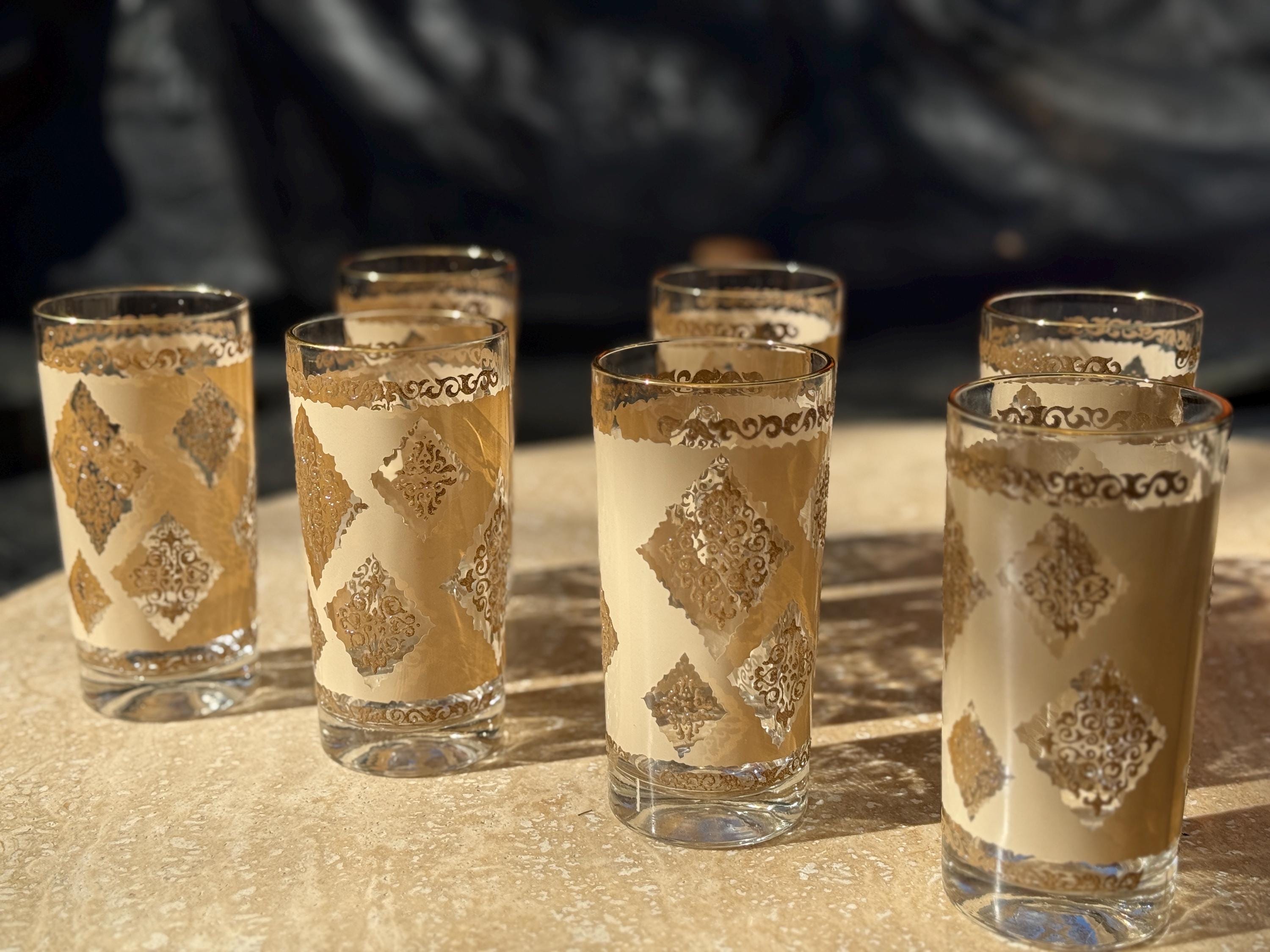 Set of 7 Rare Vintage Cora Cera Painted Scroll Embossed Highball Bar Glasses – Mid-Century Modern Elegance
