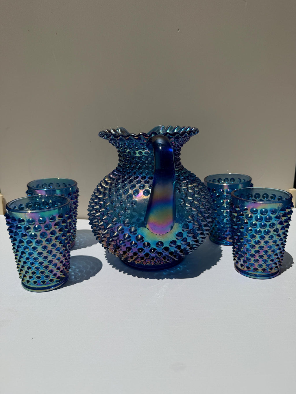 Vintage Fenton Blue Carnival Glass Hobnail Pitcher & Tumbler Set – 5 Piece – Iridescent 1992