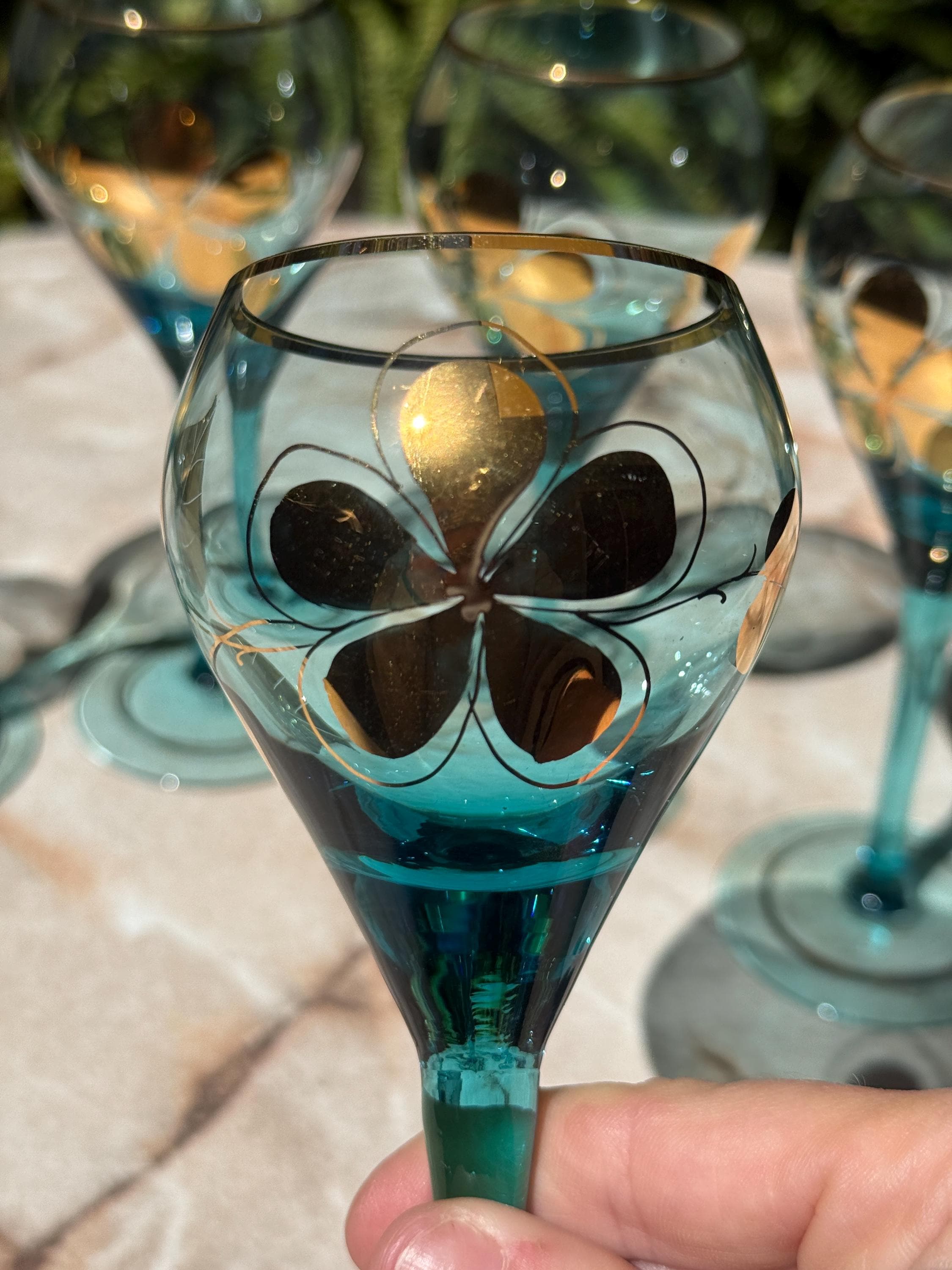 Vintage Bohemian 22K Gold Floral Stemware – Set of 6 Hand-Painted Glasses