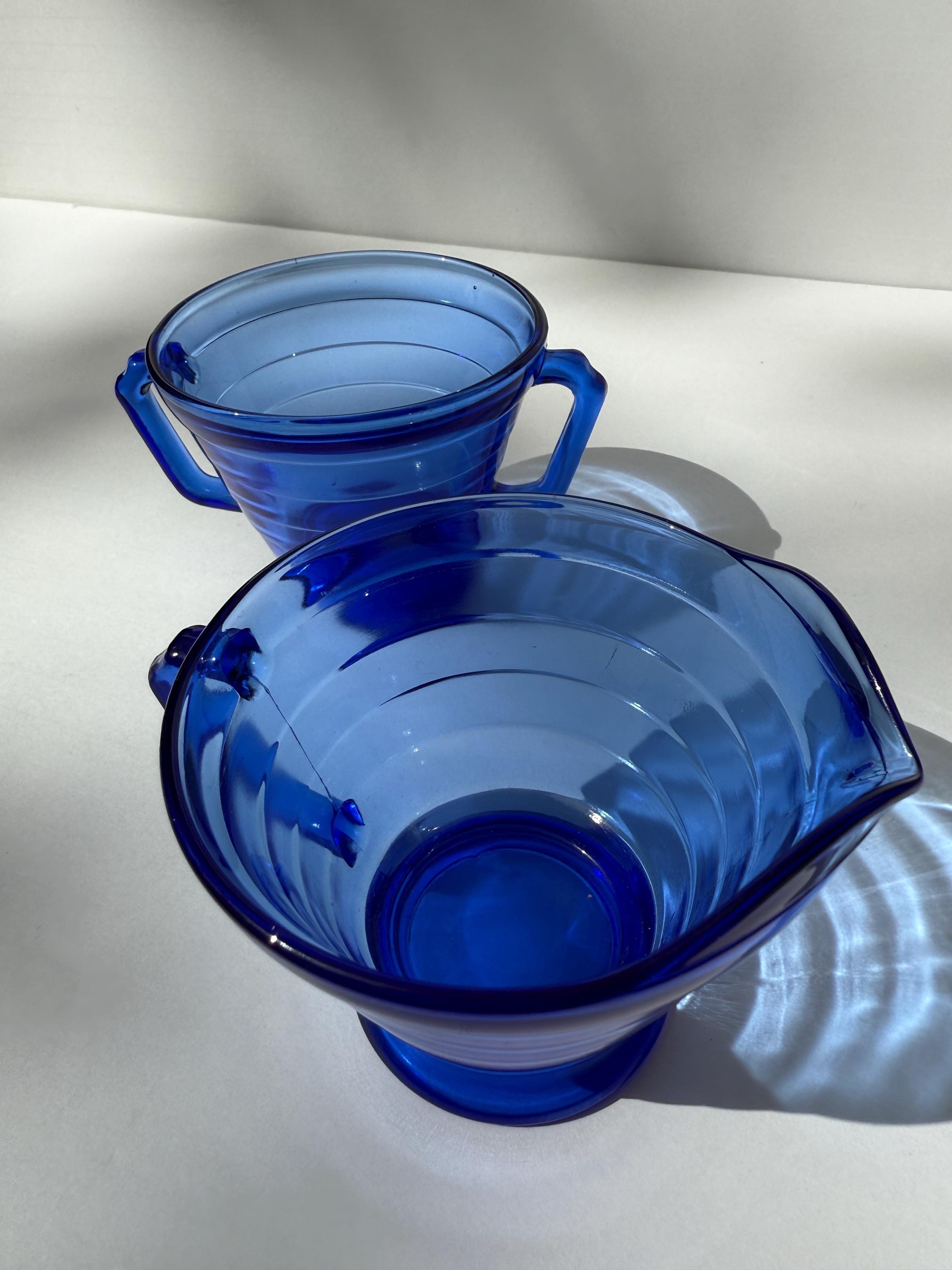 Vintage Hazel Atlas Moderntone  Blue Glass Cream and Sugar Set – Art Deco Depression Glass – No Chips or Cracks