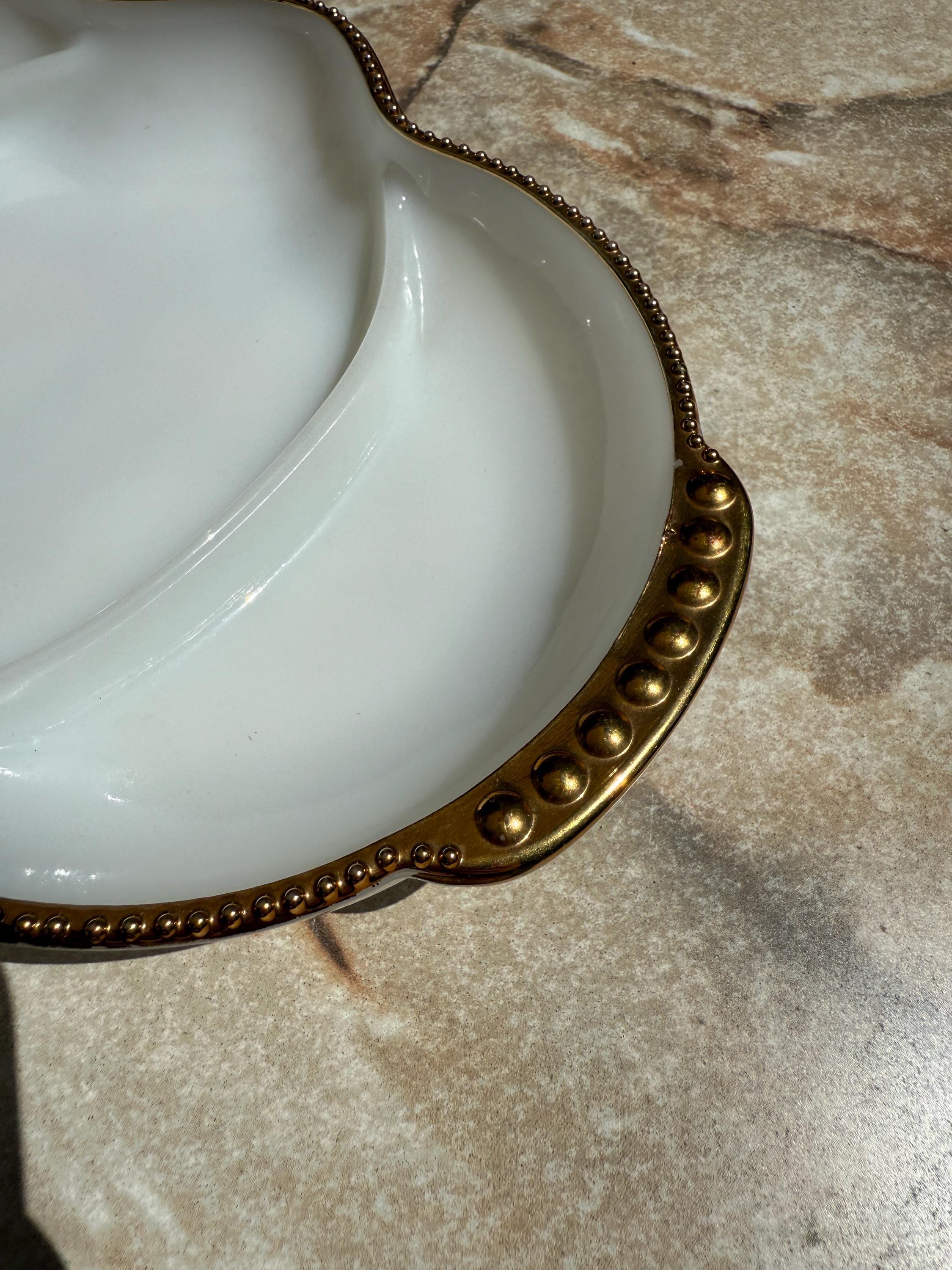 Fire King Milk Glass Divided Dish – Gold Rim, 11” Vintage Anchor Hocking Serving Tray