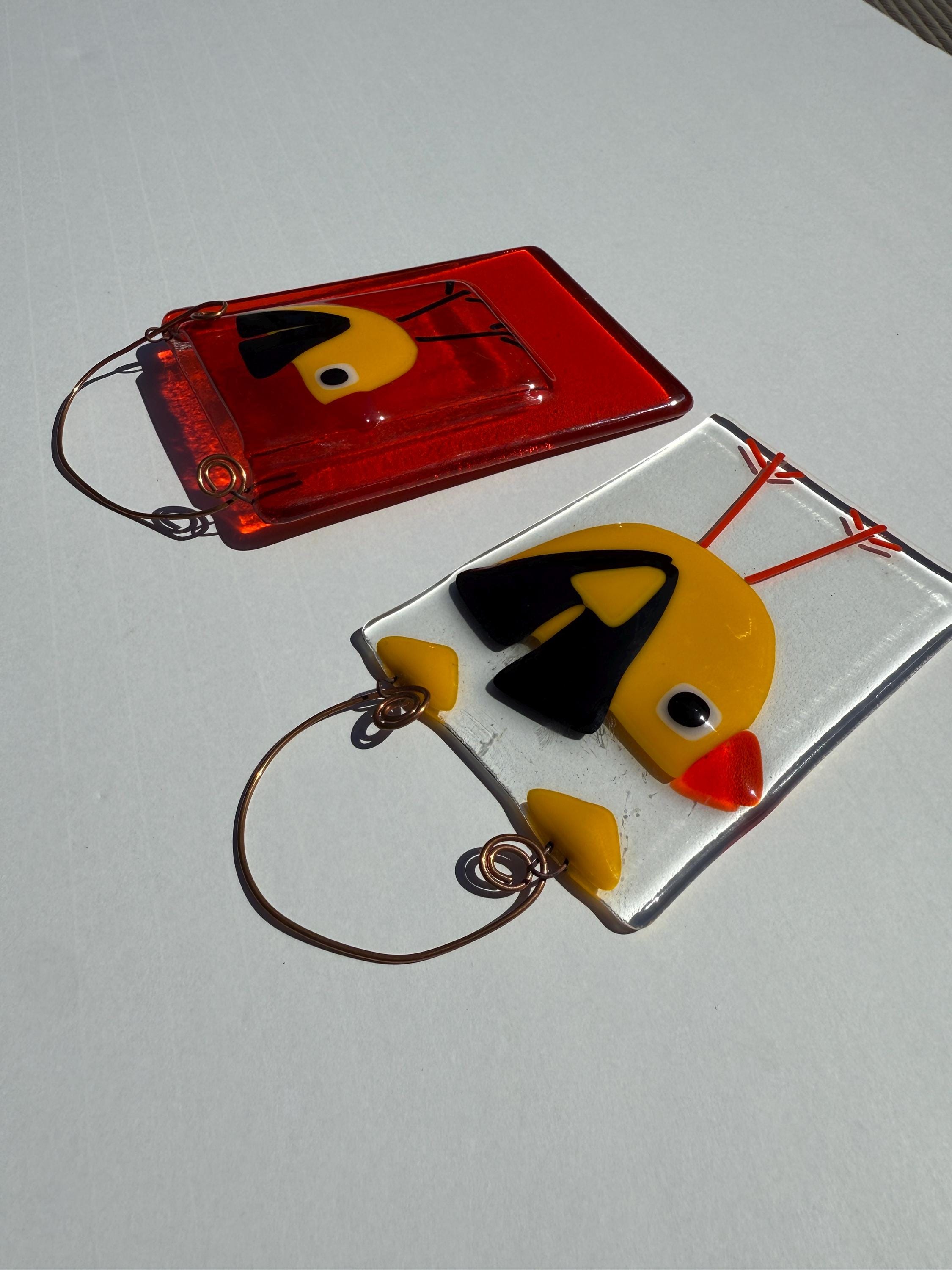 Pair of Handblown Glass Bird Suncatchers – One Pocketed for Water & Fresh Flowers – Twisted Copper Wire Hanger
