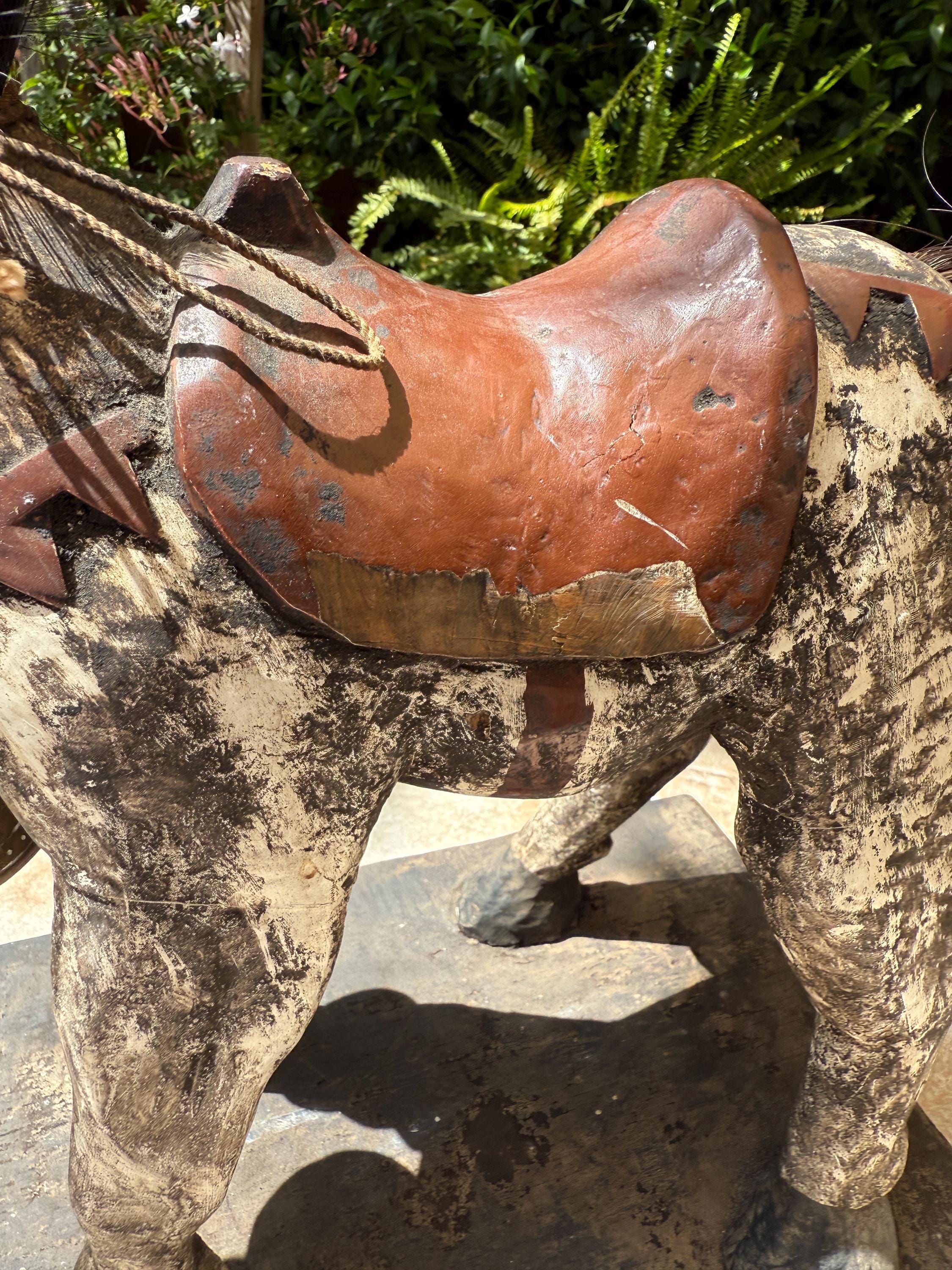Handmade Carved Wooden Horse/Donkey Statue with Bells – Folk Art from Guatemala – Rustic Decor