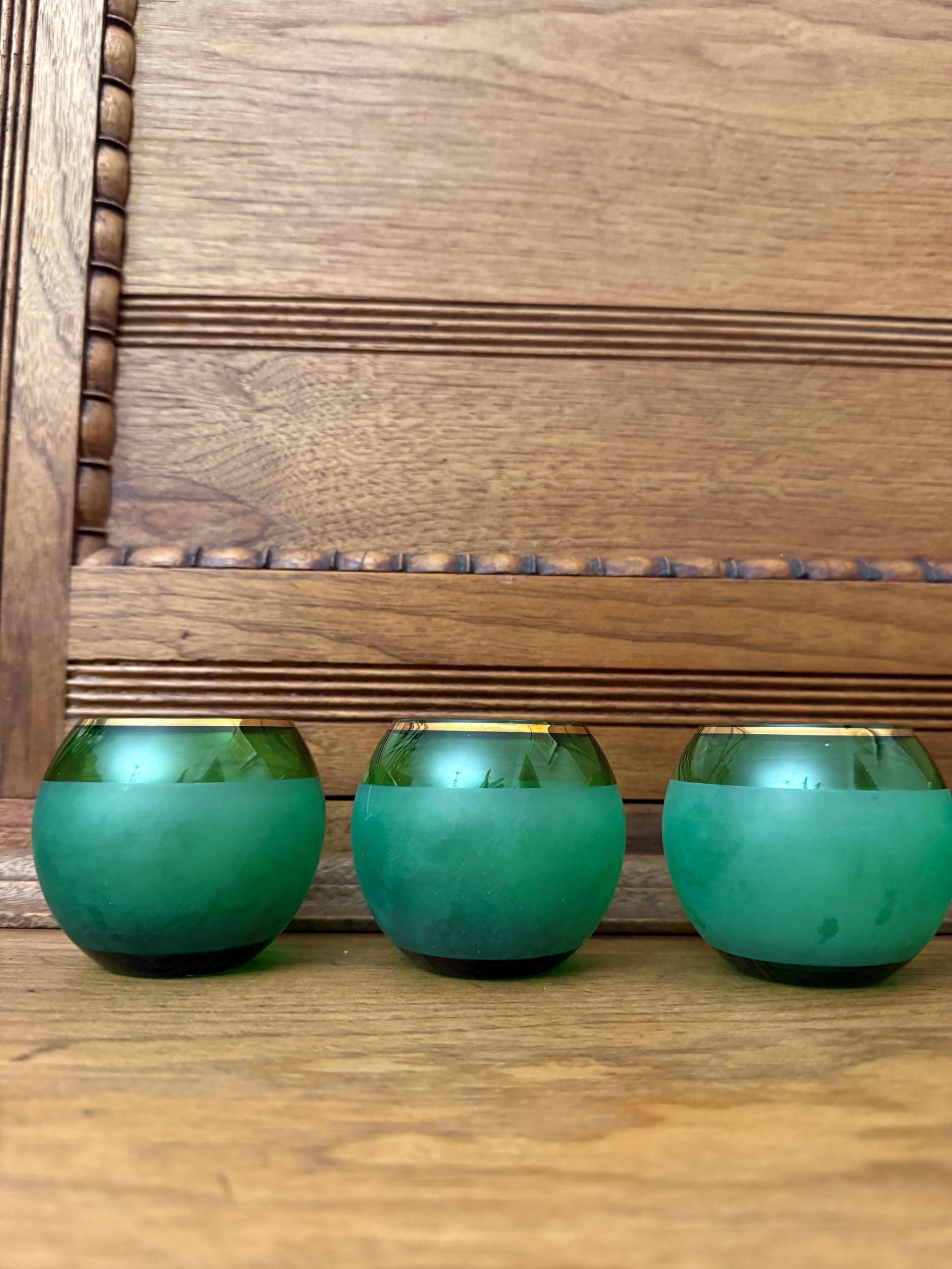 Vintage Bohemian Green Crystal Votive with Gold Embossed Ship –