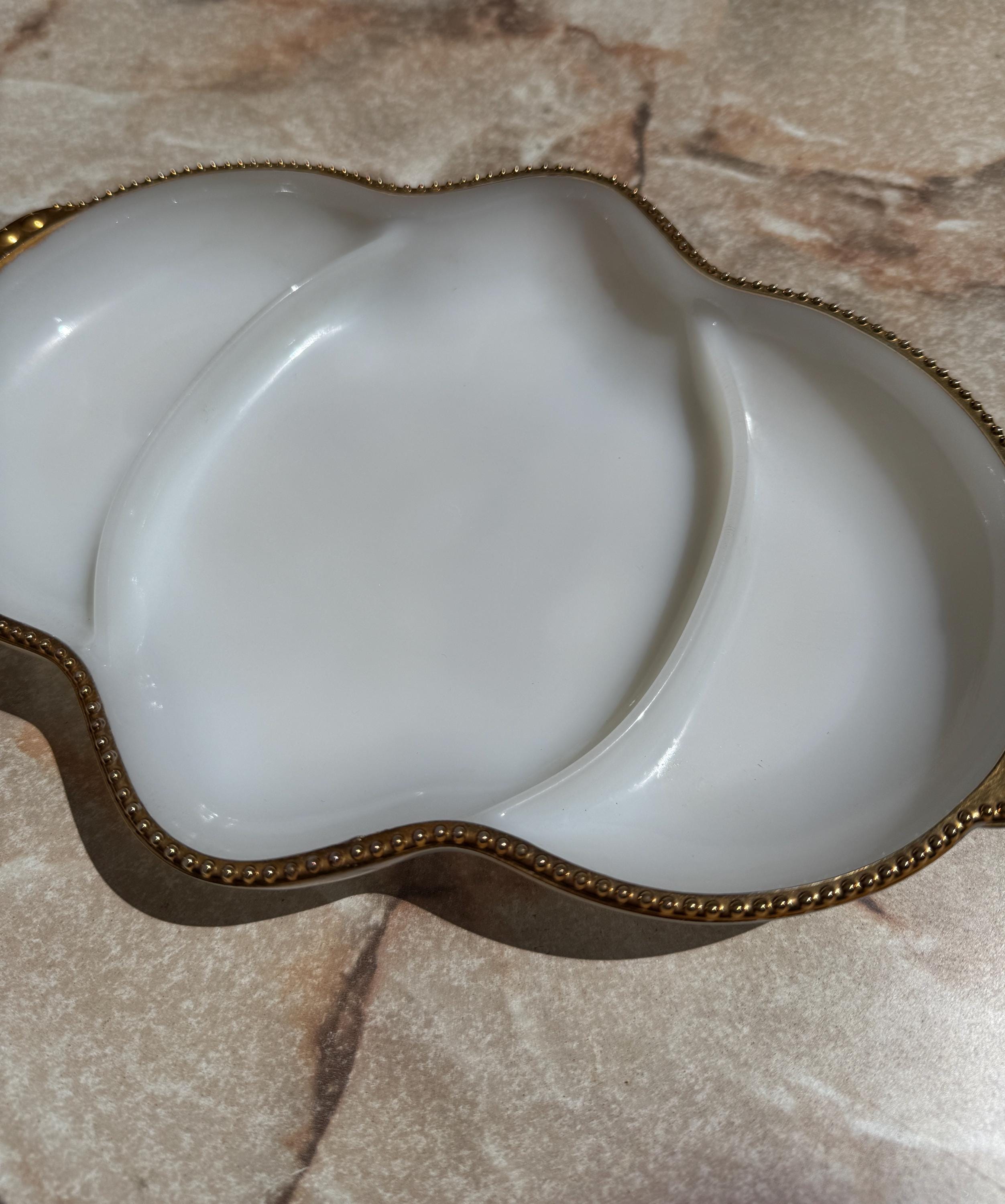 Fire King Milk Glass Divided Dish – Gold Rim, 11” Vintage Anchor Hocking Serving Tray