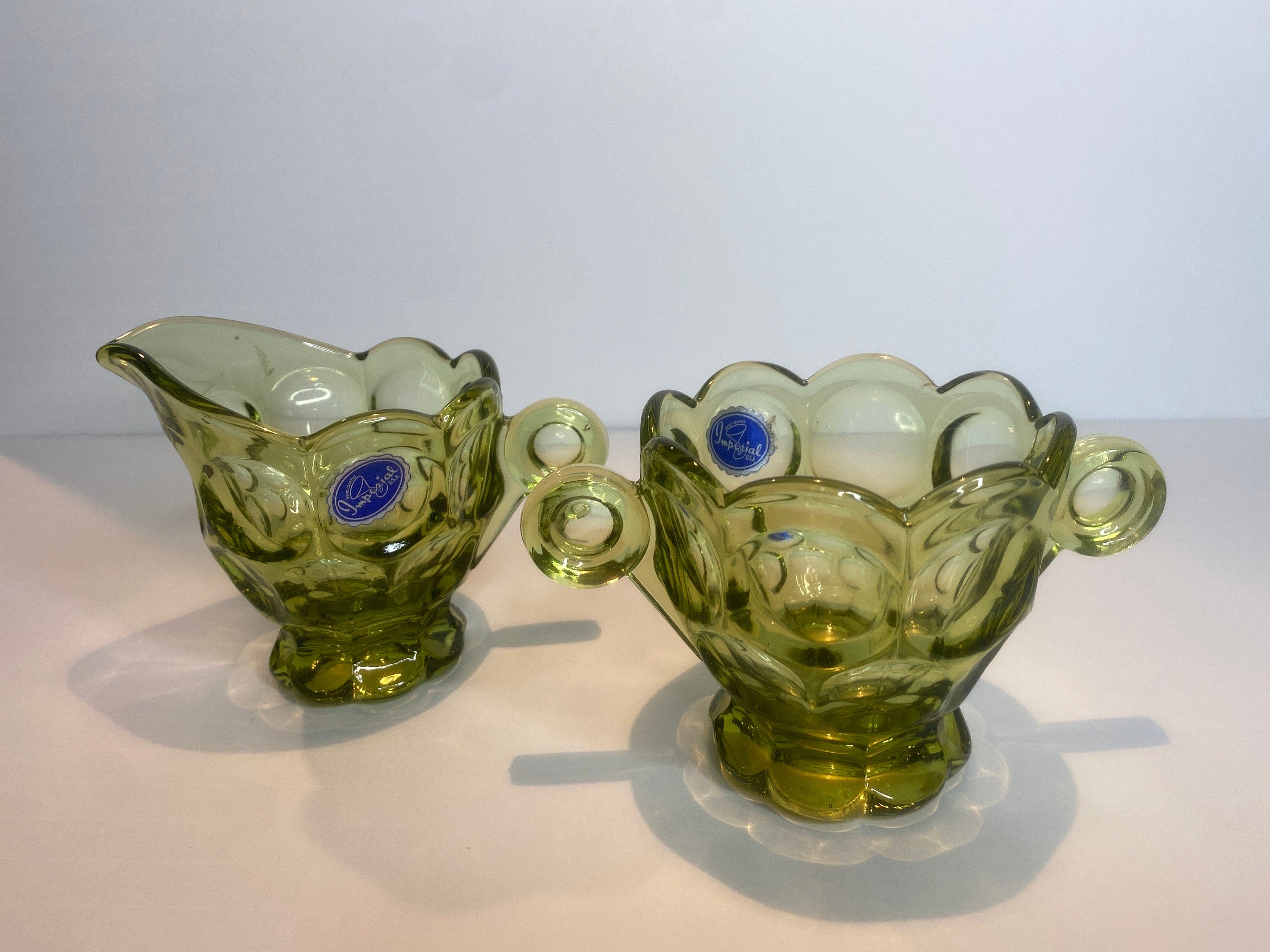 Vintage Imperial Glass Company- Original factory sticker- Verde Provincial Green Hlass- Cream and Sugar Set
