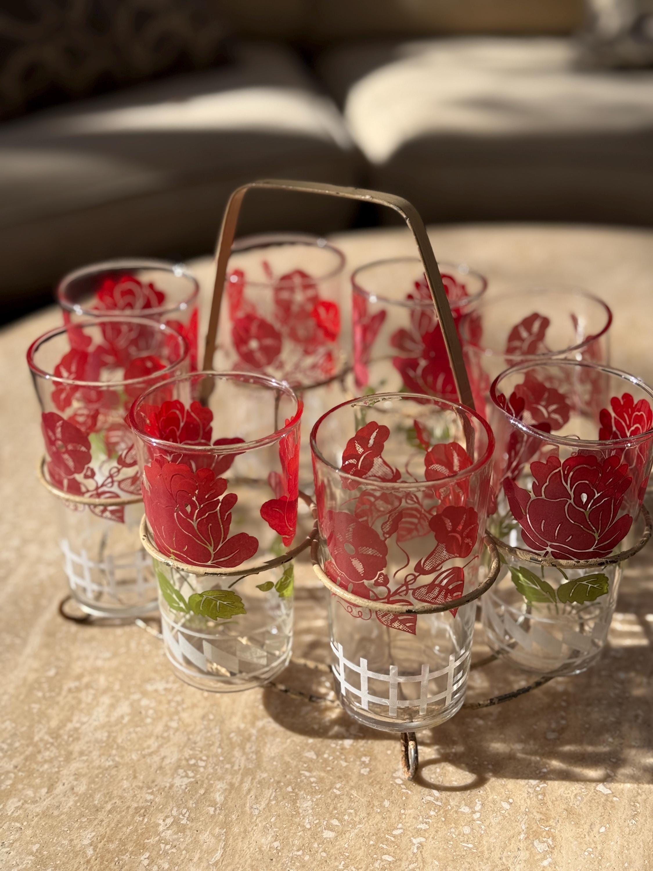 Set of 8 Vintage Glasses in Caddy- 4 Rose Pattern 4 Morning glory Pattern