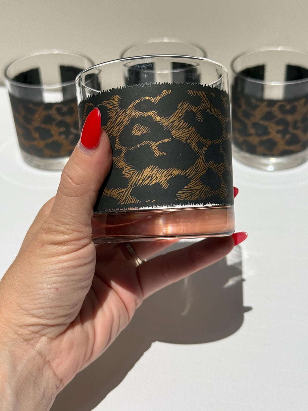 Set of 4 Vintage Leopard Print Lowball Glasses – Matte Black & Gold – Old Fashioned Whiskey Glasses