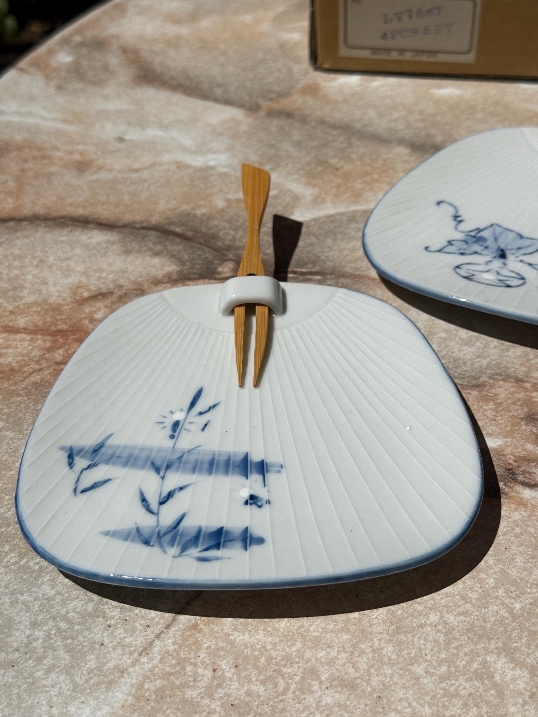 Vintage Lillian Vernon Japan Appetizer Plates – Set of 4 with Bamboo Forks (Style #LV7887) – Original Boxes
