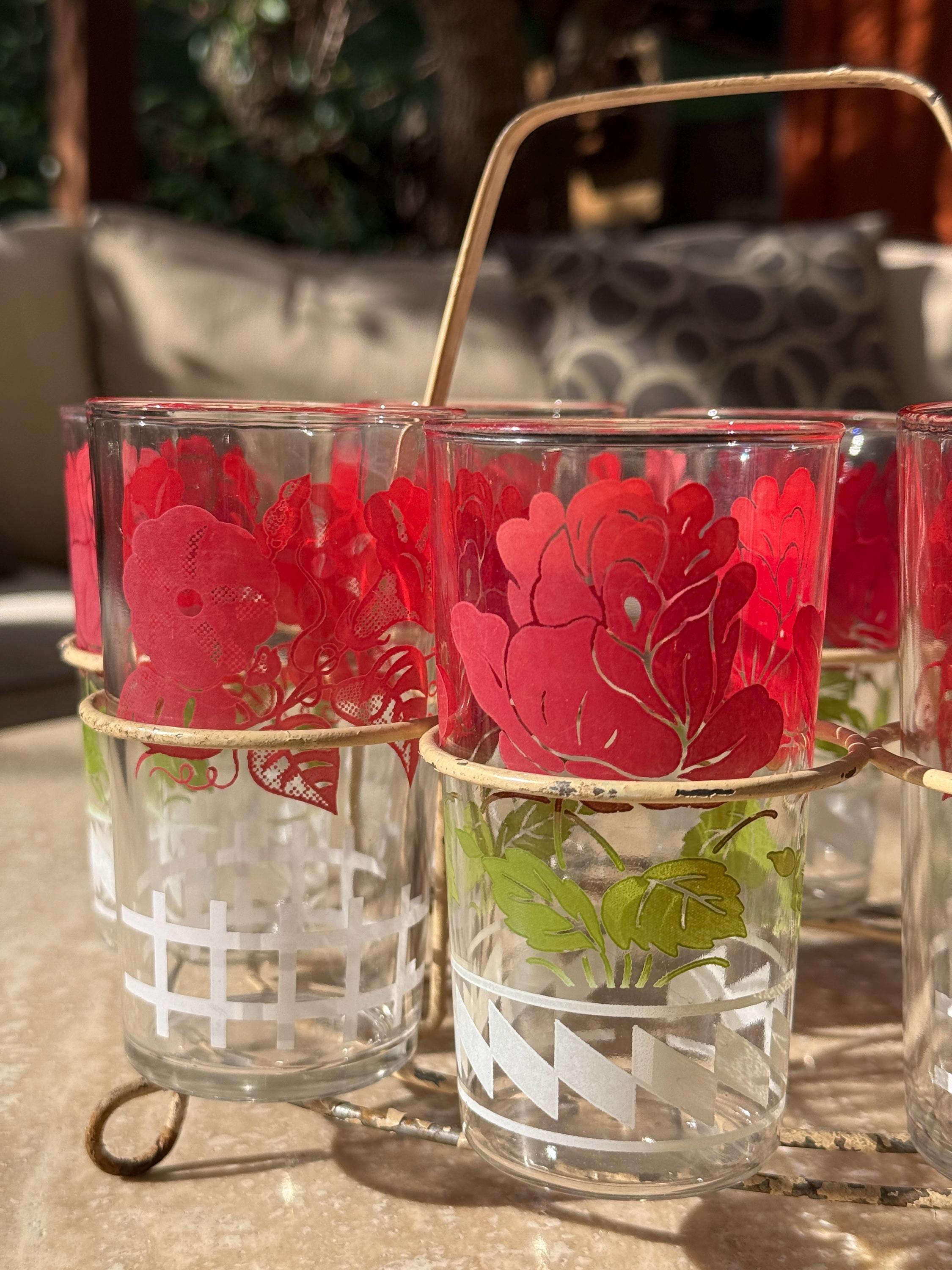 Set of 8 Vintage Glasses in Caddy- 4 Rose Pattern 4 Morning glory Pattern