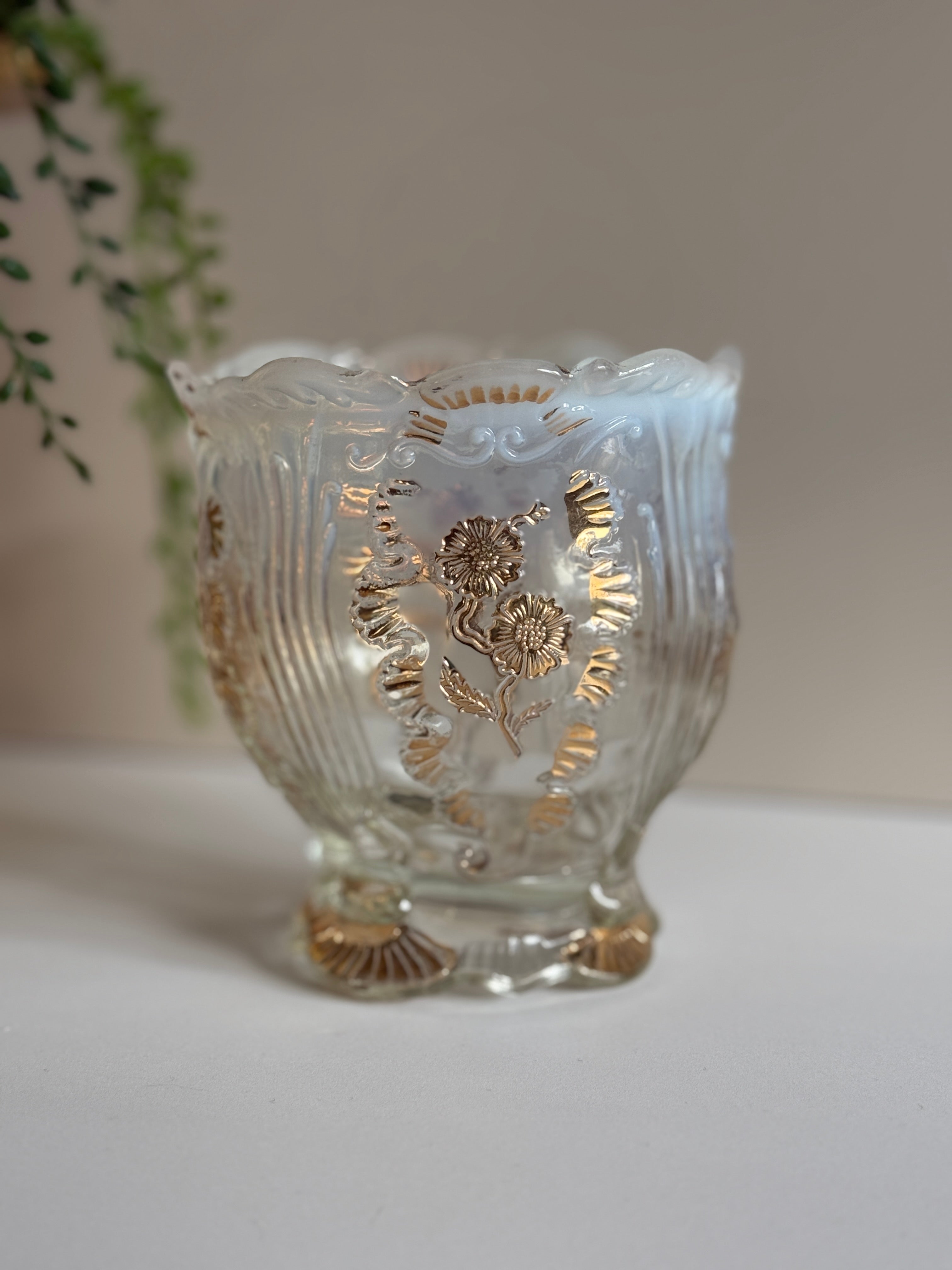 Antique Northwood “Inverted Fan & Feather with Flower” White Opalescent Glass Spooner with Gold Trim – Early 1900s