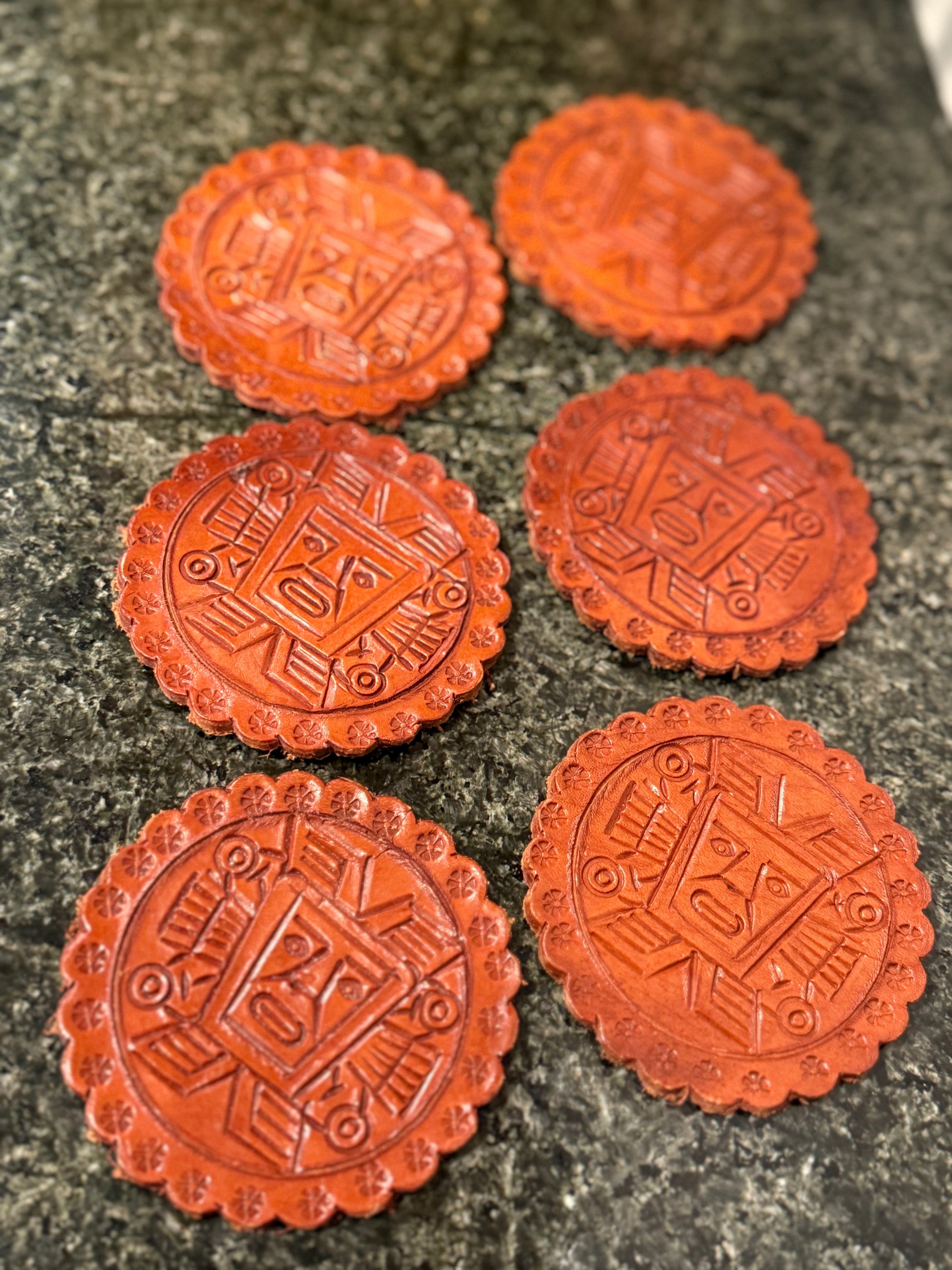 Set of 6 Hand-Carved Tooled Leather Coasters – Aztec/Mayan Design – 3.25 Inch