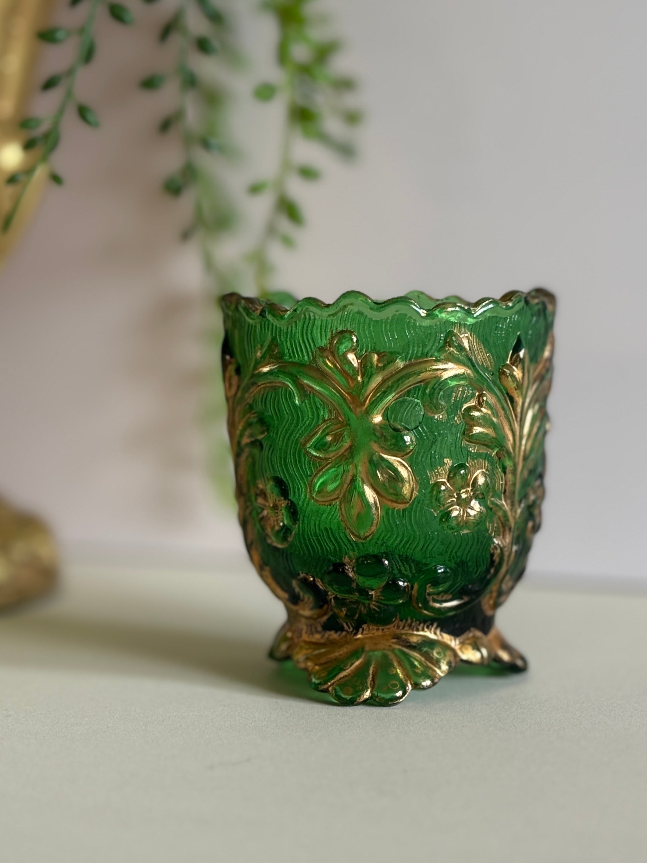 Antique EAPG Beaumont’s Flora Toothpick Holder – Emerald Green with Gold Trim – 3” Tall  Victorian Era