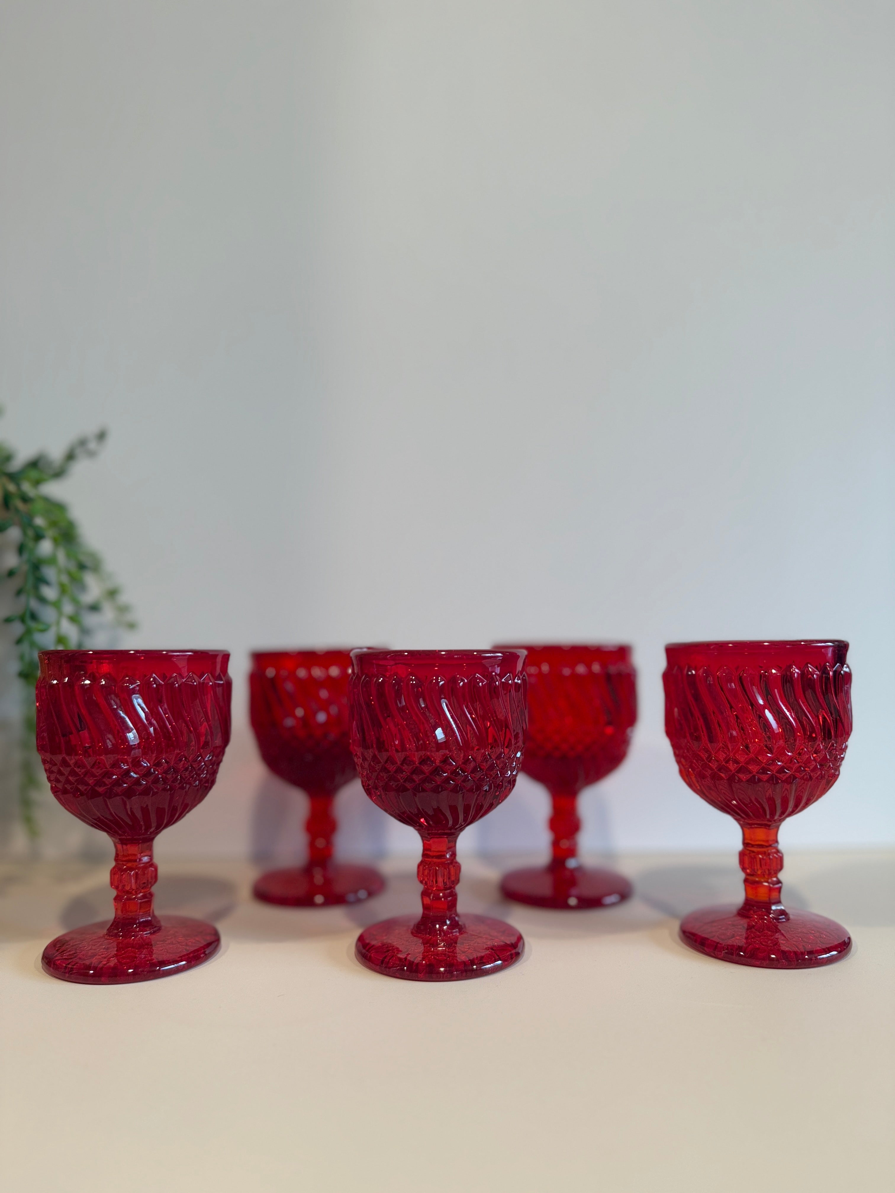 Vintage L.G. Wright Jersey Swirl Ruby Red Wine Goblets – Set of 5