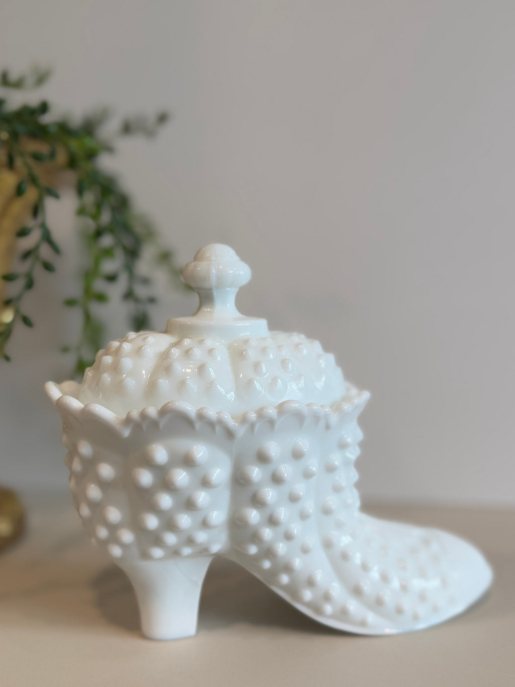 Vintage Fenton Hobnail Milk Glass Lidded Boot Candy Dish – Collectible Shoe Dish