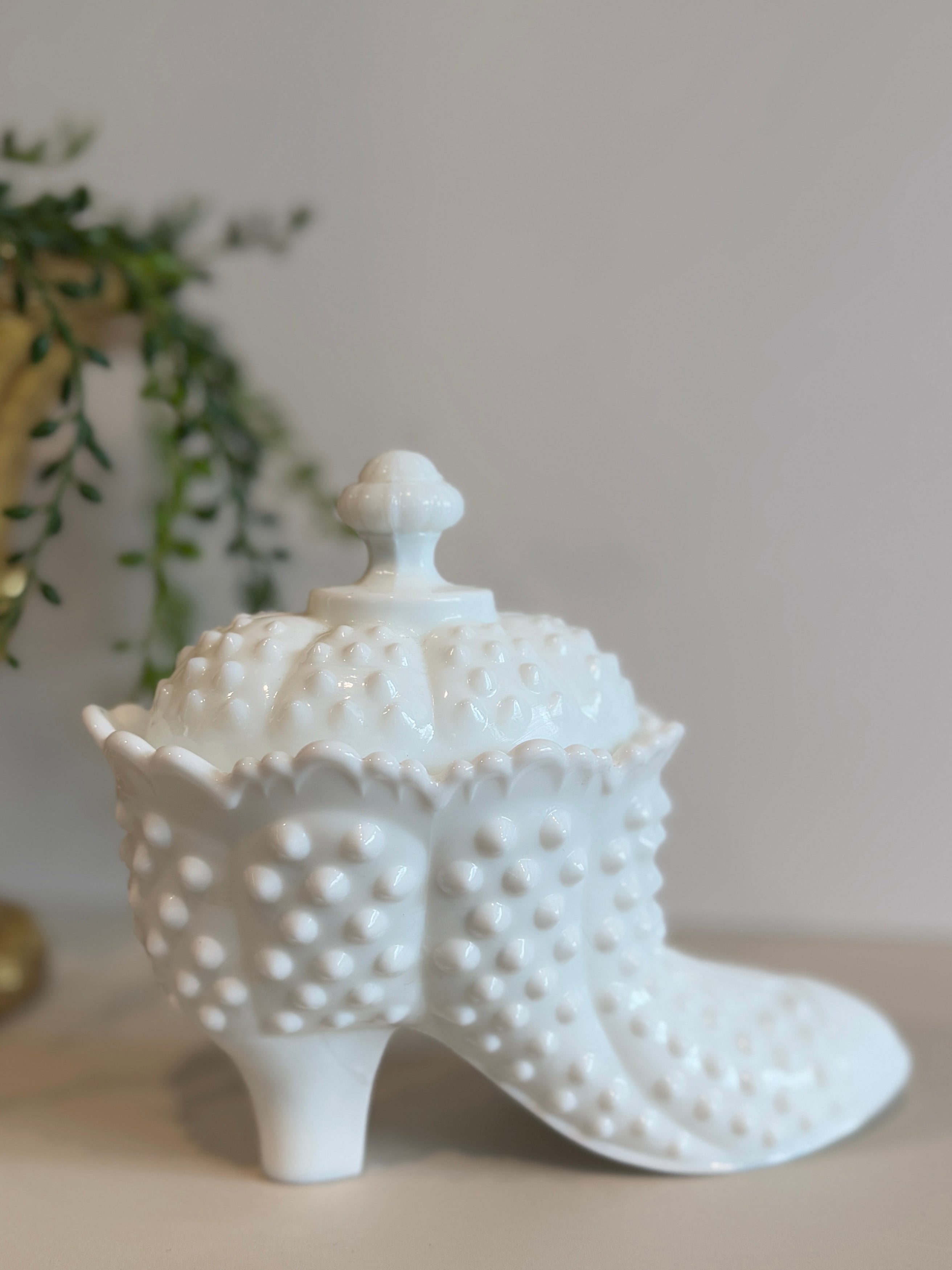 Vintage Fenton Hobnail Milk Glass Lidded Boot Candy Dish – Collectible Shoe Dish