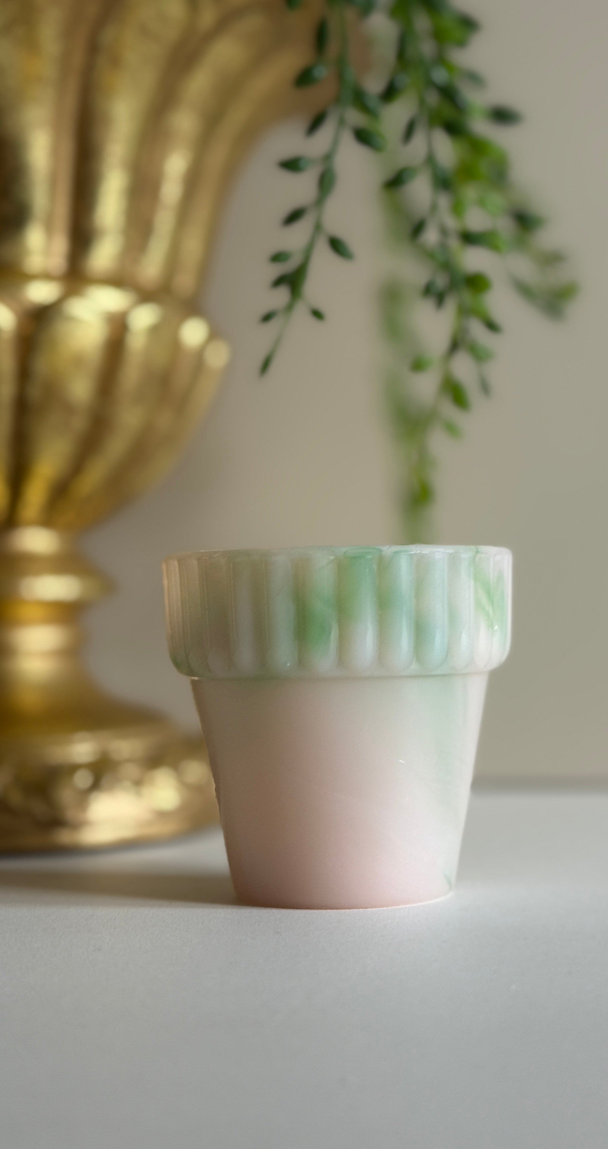 Vintage Akro Agate Slag Glass Toothpick Holder – Pink & Green Flower Pot Design – 2.25”