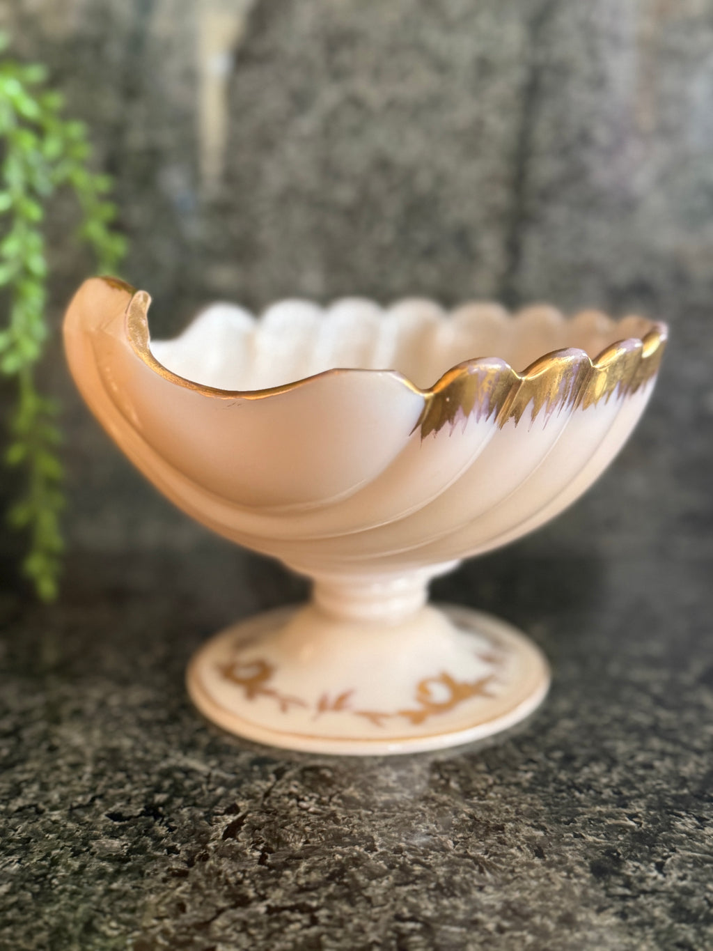 Vintage Cambridge Crown Tuscan “Sea Shell” Footed Compote | Pink Milk Glass Candy Dish with Gold Trim