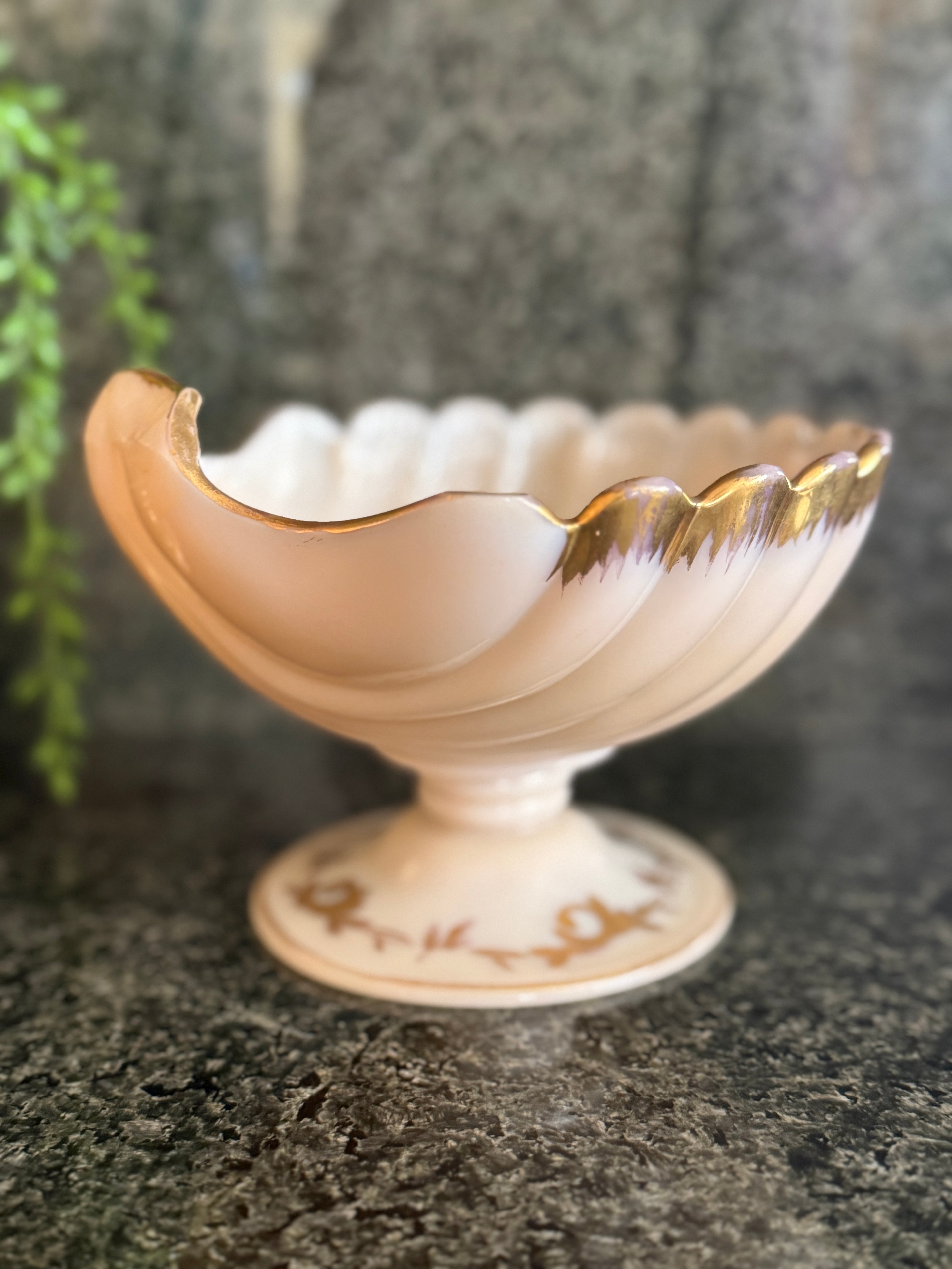 Vintage Cambridge Crown Tuscan “Sea Shell” Footed Compote | Pink Milk Glass Candy Dish with Gold Trim