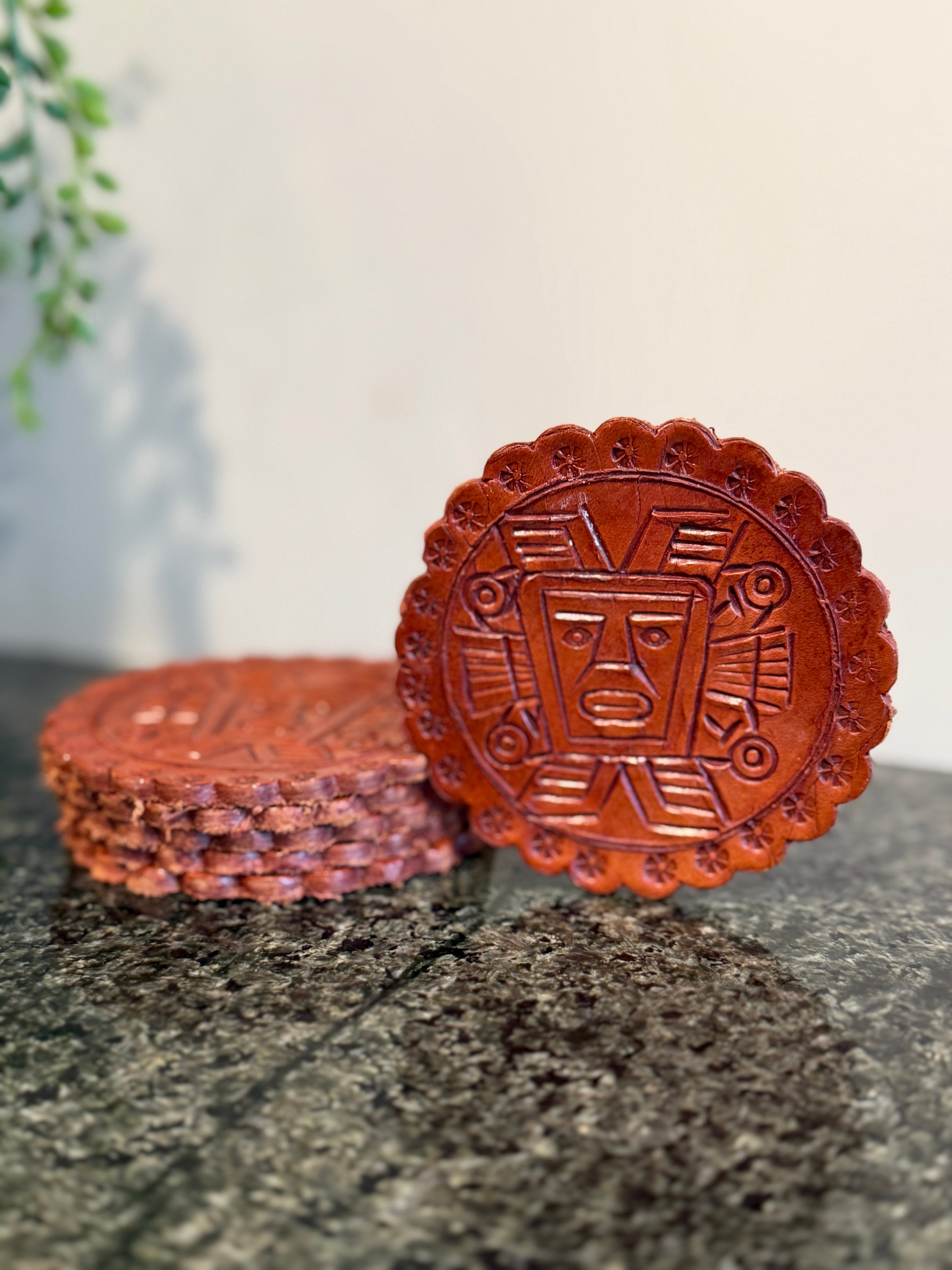 Set of 6 Hand-Carved Tooled Leather Coasters – Aztec/Mayan Design – 3.25 Inch