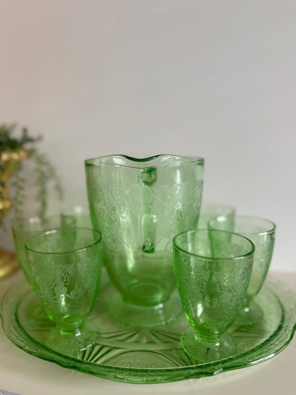 Hazel Atlas Green Depression Glass – Florentine No. 1 (Poppy) Pitcher & Juice Glasses- Sold Separately