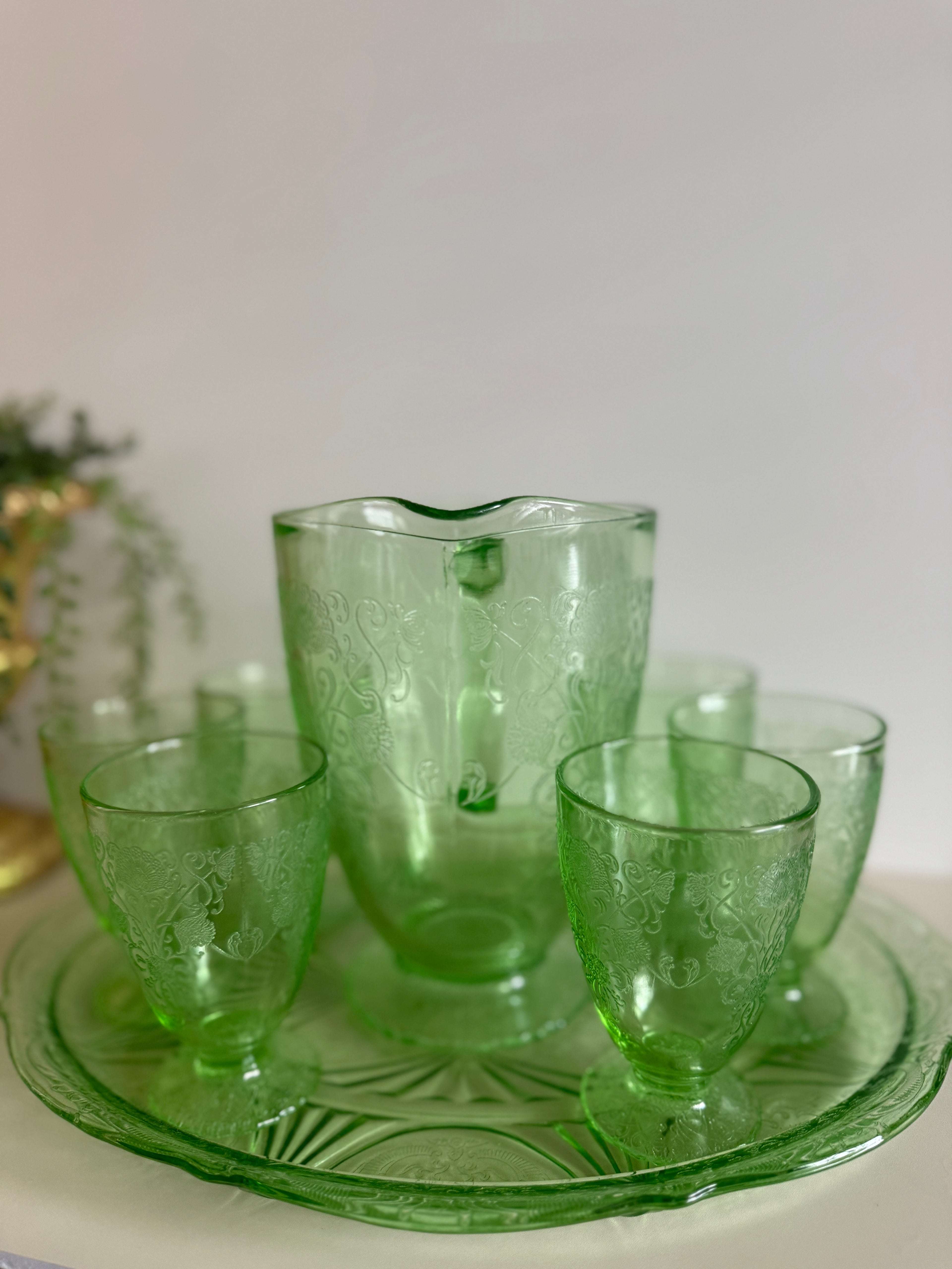 Hazel Atlas Green Depression Glass – Florentine No. 1 (Poppy) Pitcher & Juice Glasses- Sold Separately