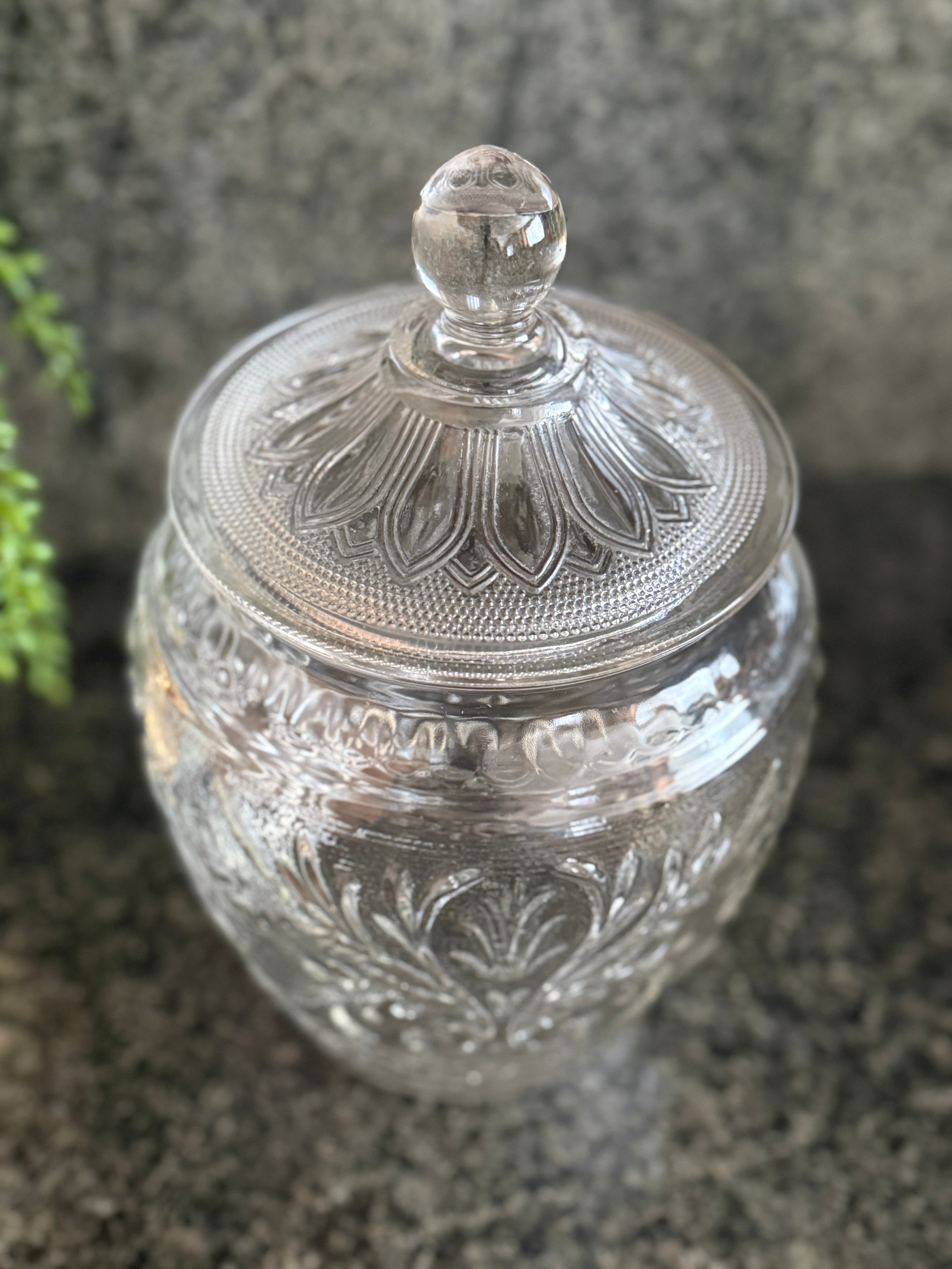 Vintage Anchor Hocking Clear Glass Cookie Jar – Sandwich Pattern with Daisy Lid