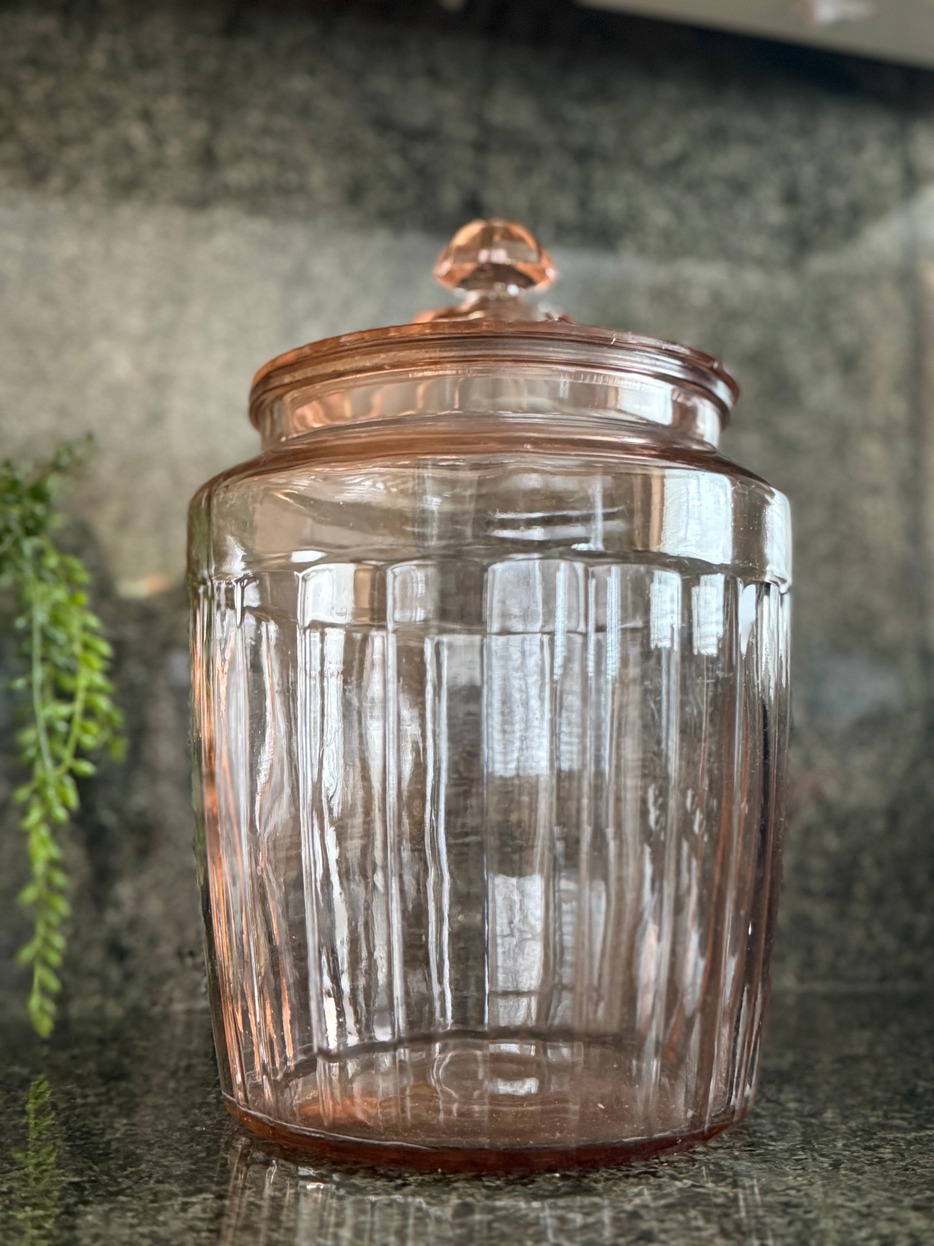 Vintage Depression Era Pink Ribbed Glass Biscuit Jar with Lid – 11” Tall