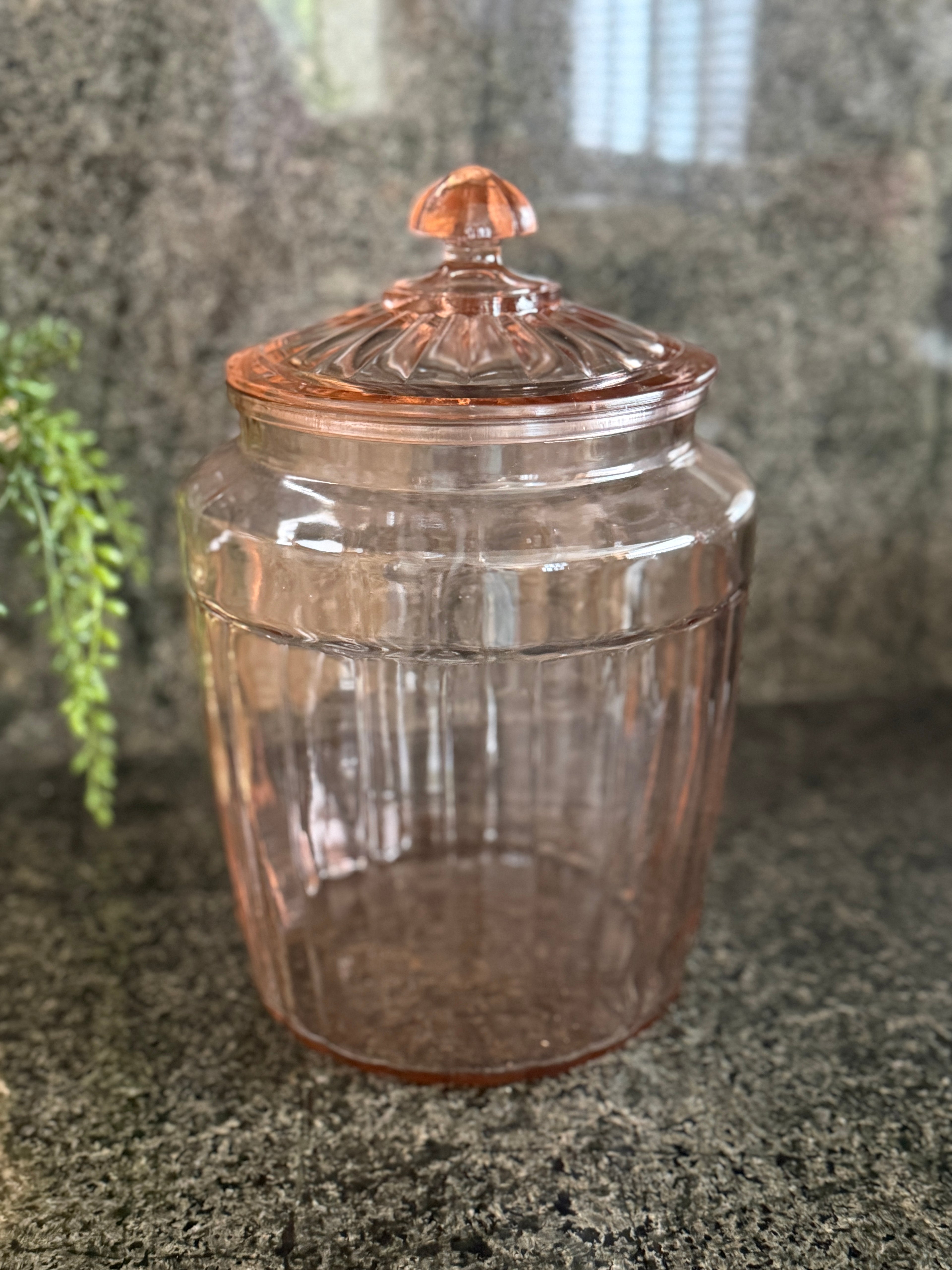 Vintage Depression Era Pink Ribbed Glass Biscuit Jar with Lid – 11” Tall