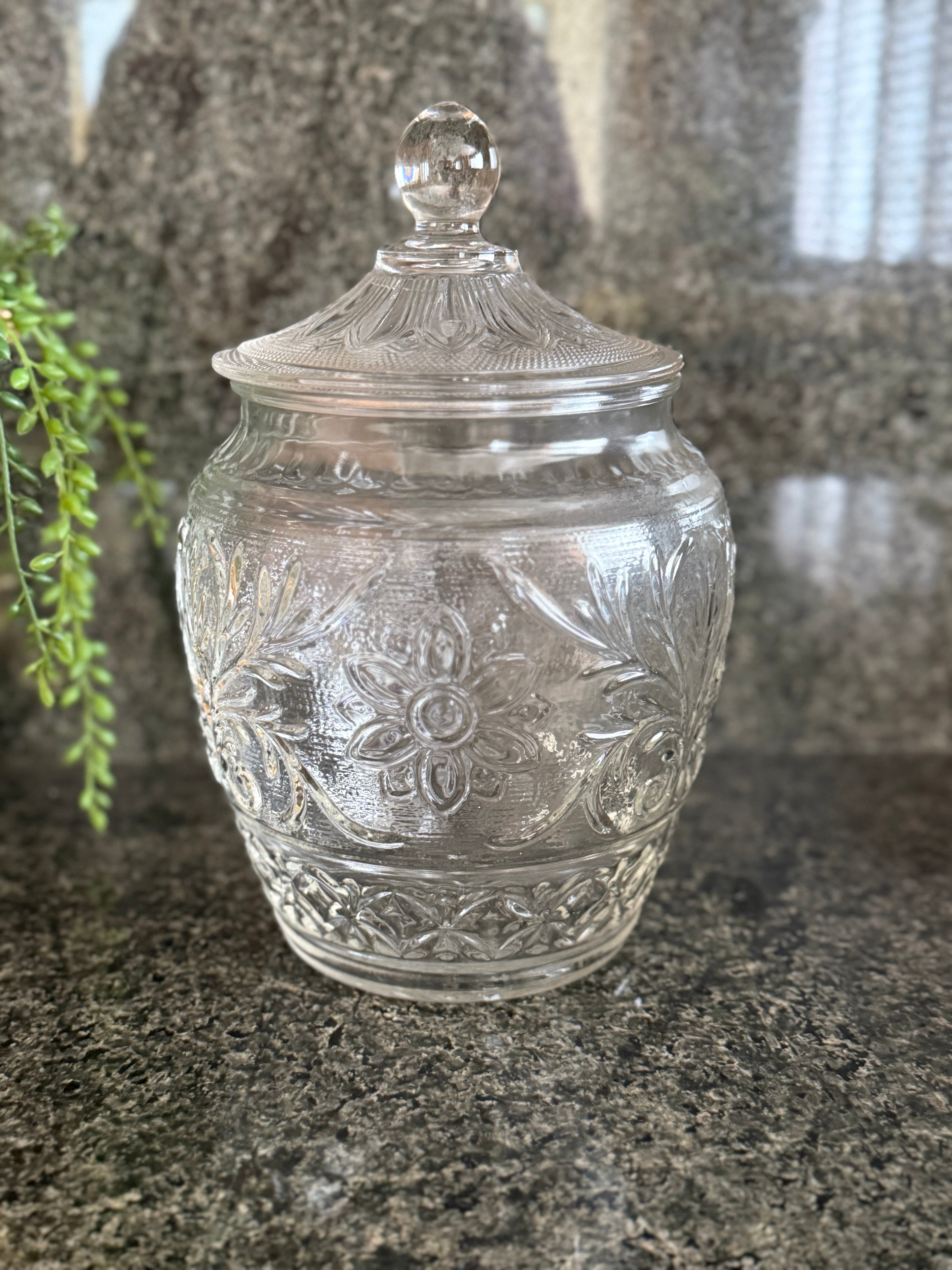 Vintage Anchor Hocking Clear Glass Cookie Jar – Sandwich Pattern with Daisy Lid