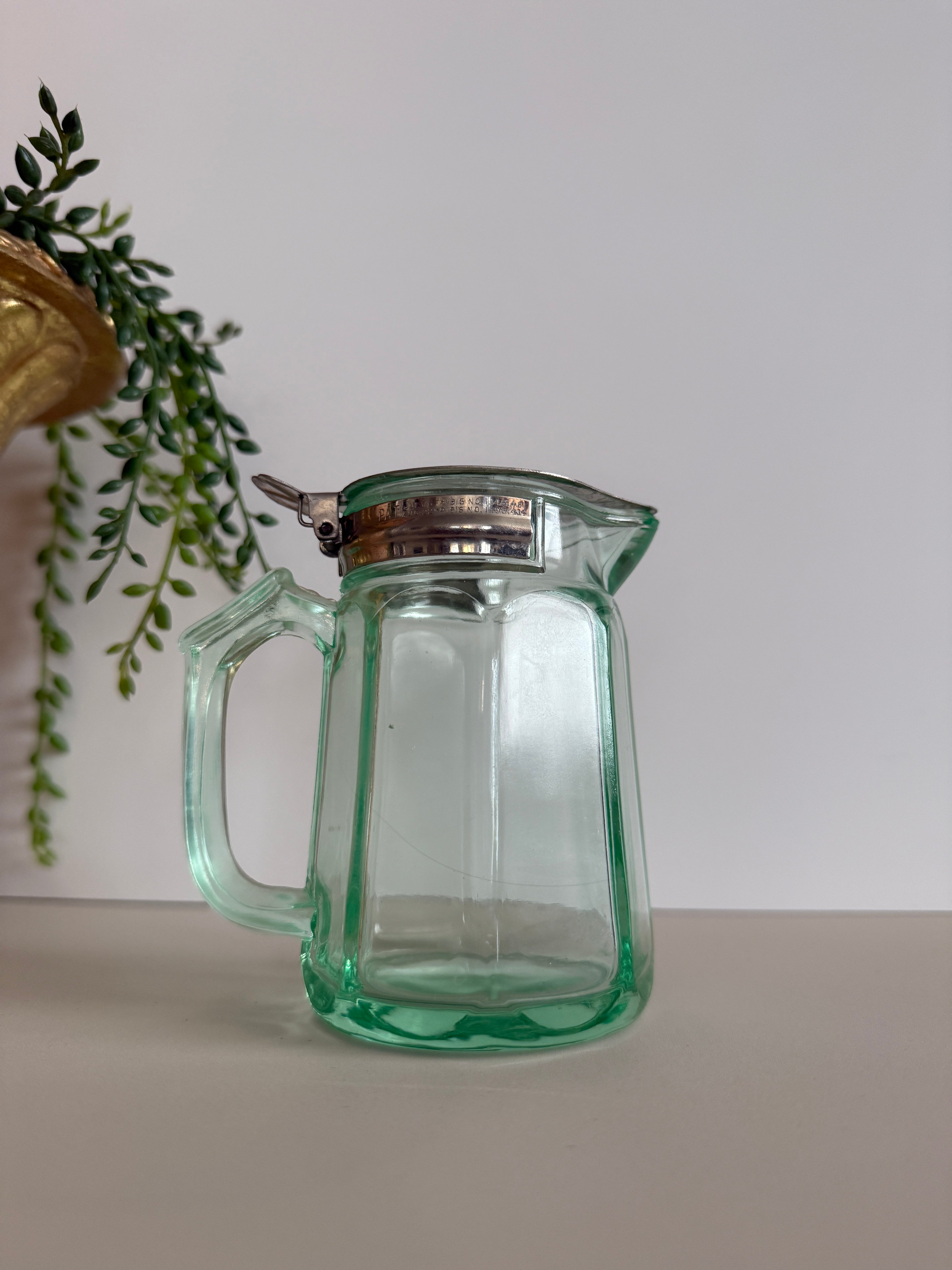 Antique Depression Green Glass Creamer / Syrup Pitcher – 1915 Patent Stainless Lid – 4.25” Tall – Holds 8oz