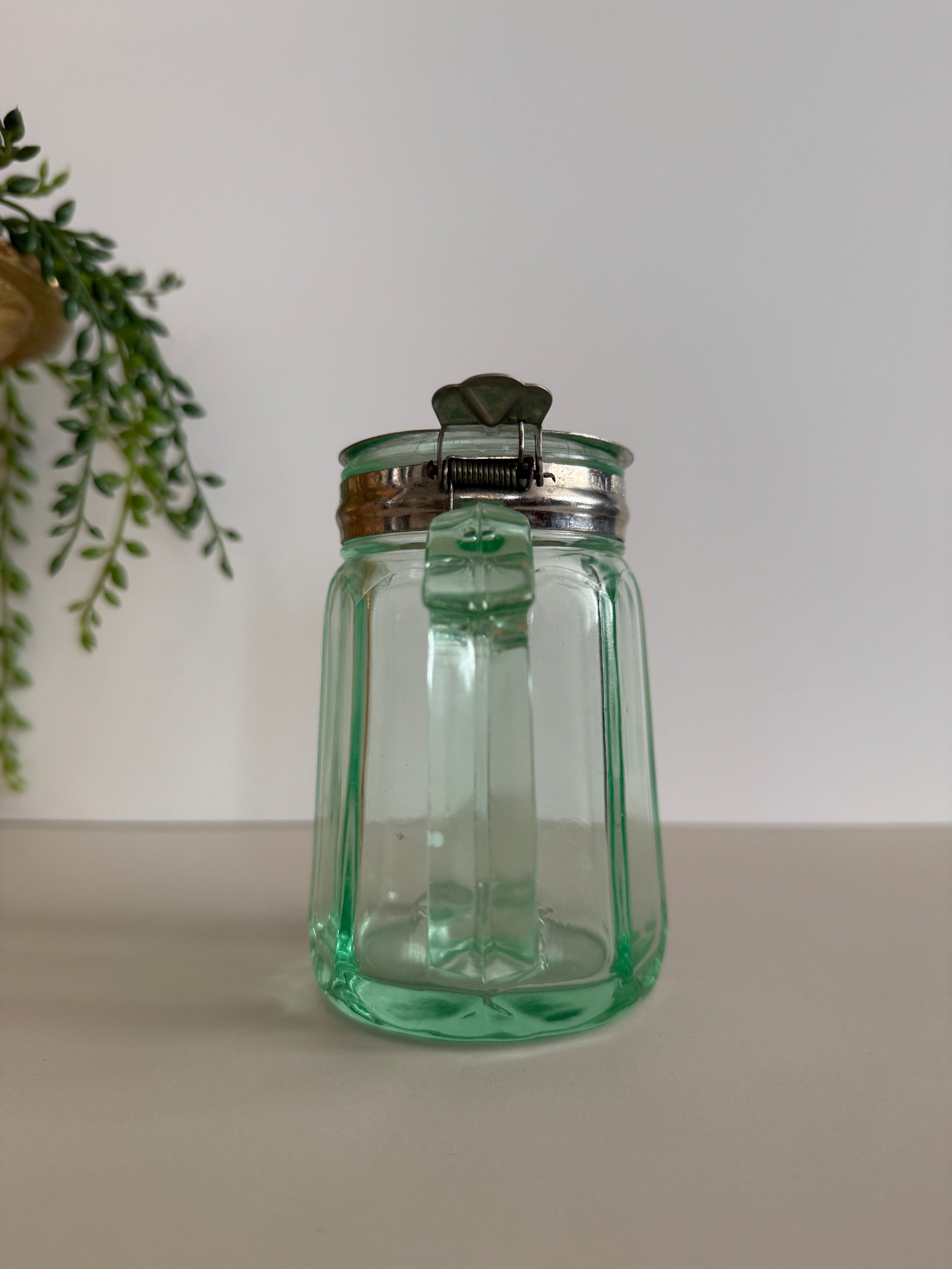 Antique Depression Green Glass Creamer / Syrup Pitcher – 1915 Patent Stainless Lid – 4.25” Tall – Holds 8oz