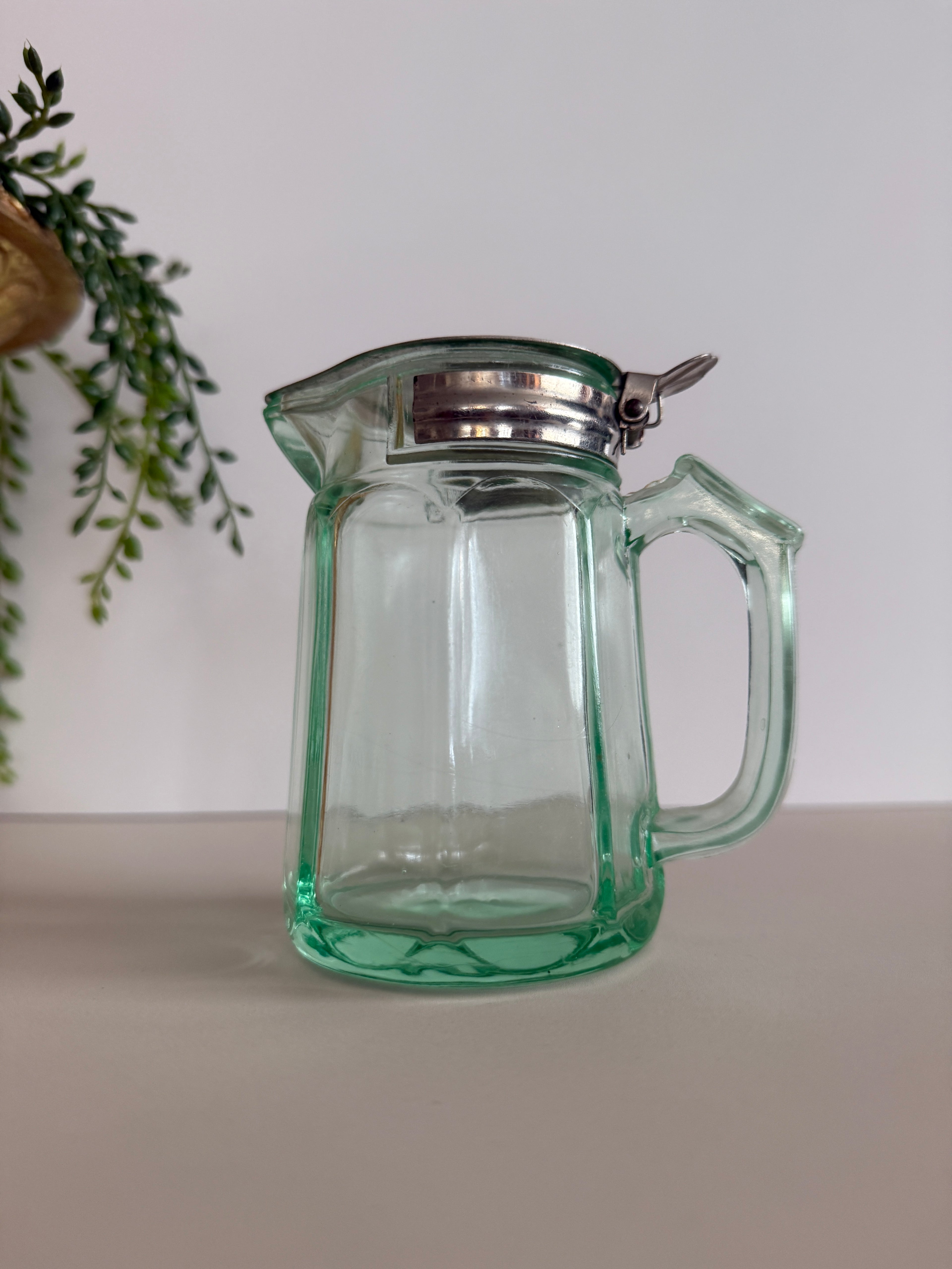 Antique Depression Green Glass Creamer / Syrup Pitcher – 1915 Patent Stainless Lid – 4.25” Tall – Holds 8oz