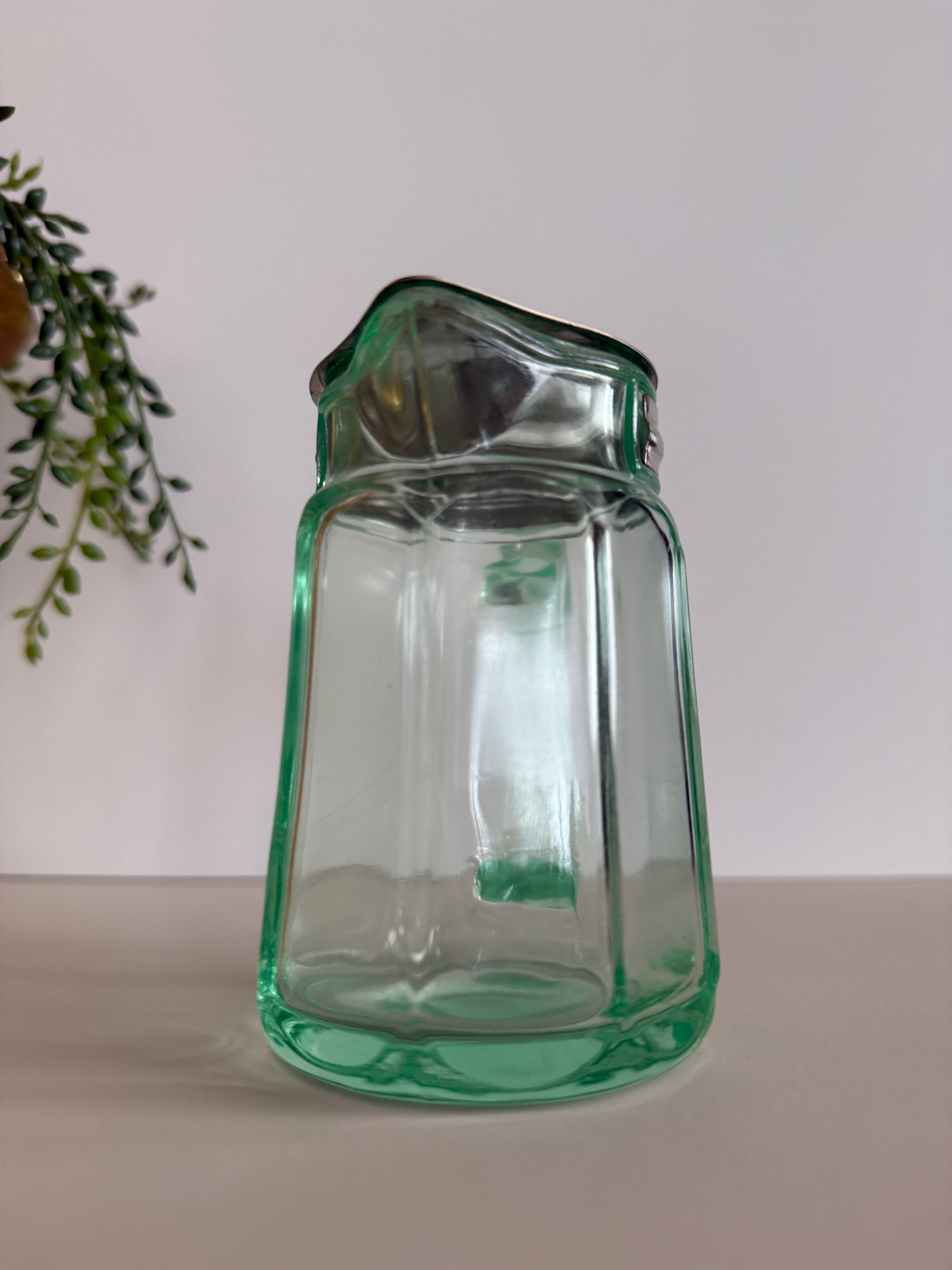 Antique Depression Green Glass Creamer / Syrup Pitcher – 1915 Patent Stainless Lid – 4.25” Tall – Holds 8oz